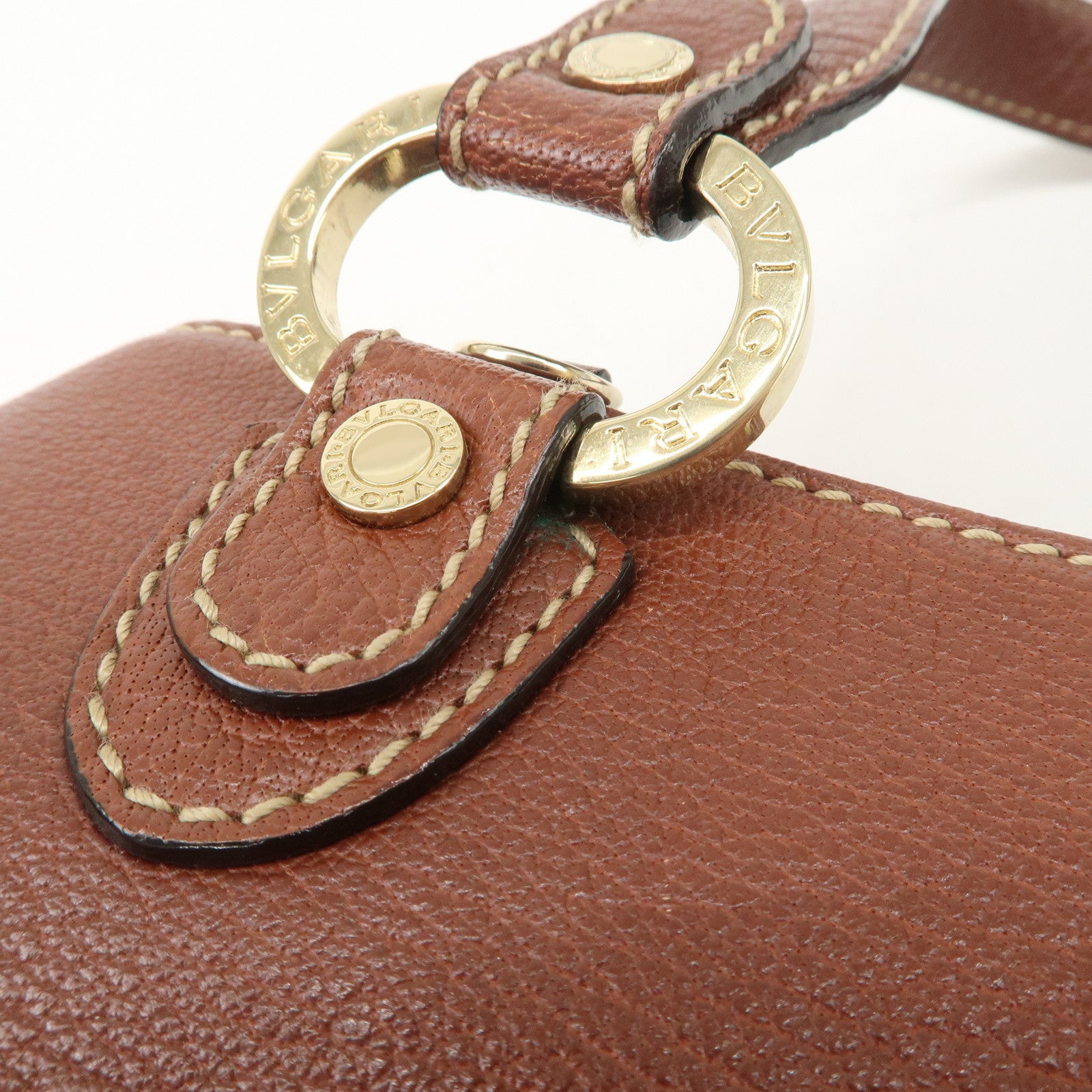 BVLGARI Leather Front Pocket Hand Bag Tote Bag Brown Used