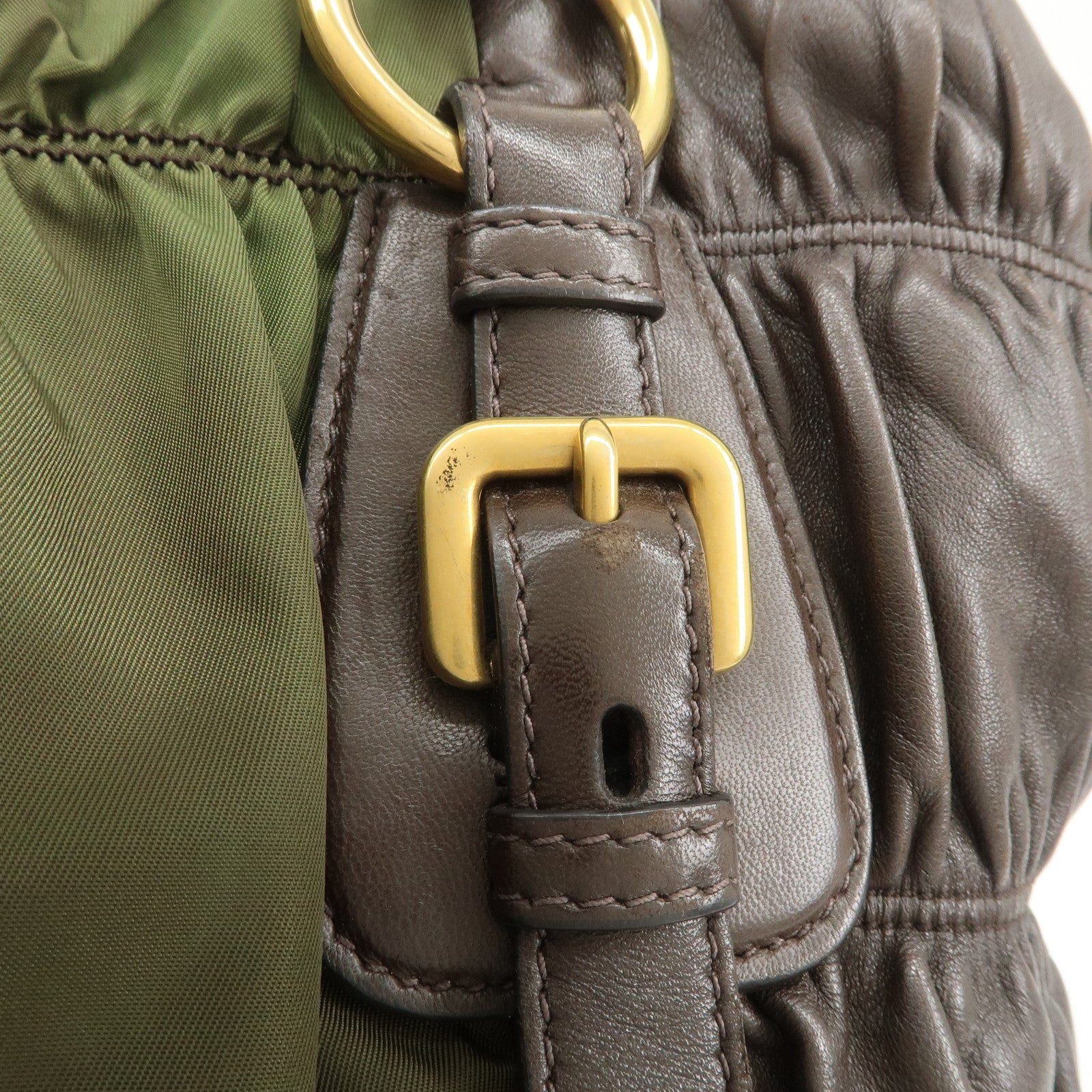 PRADA Nylon Leather Gathered Hand Bag Green Brown BN1793 Used