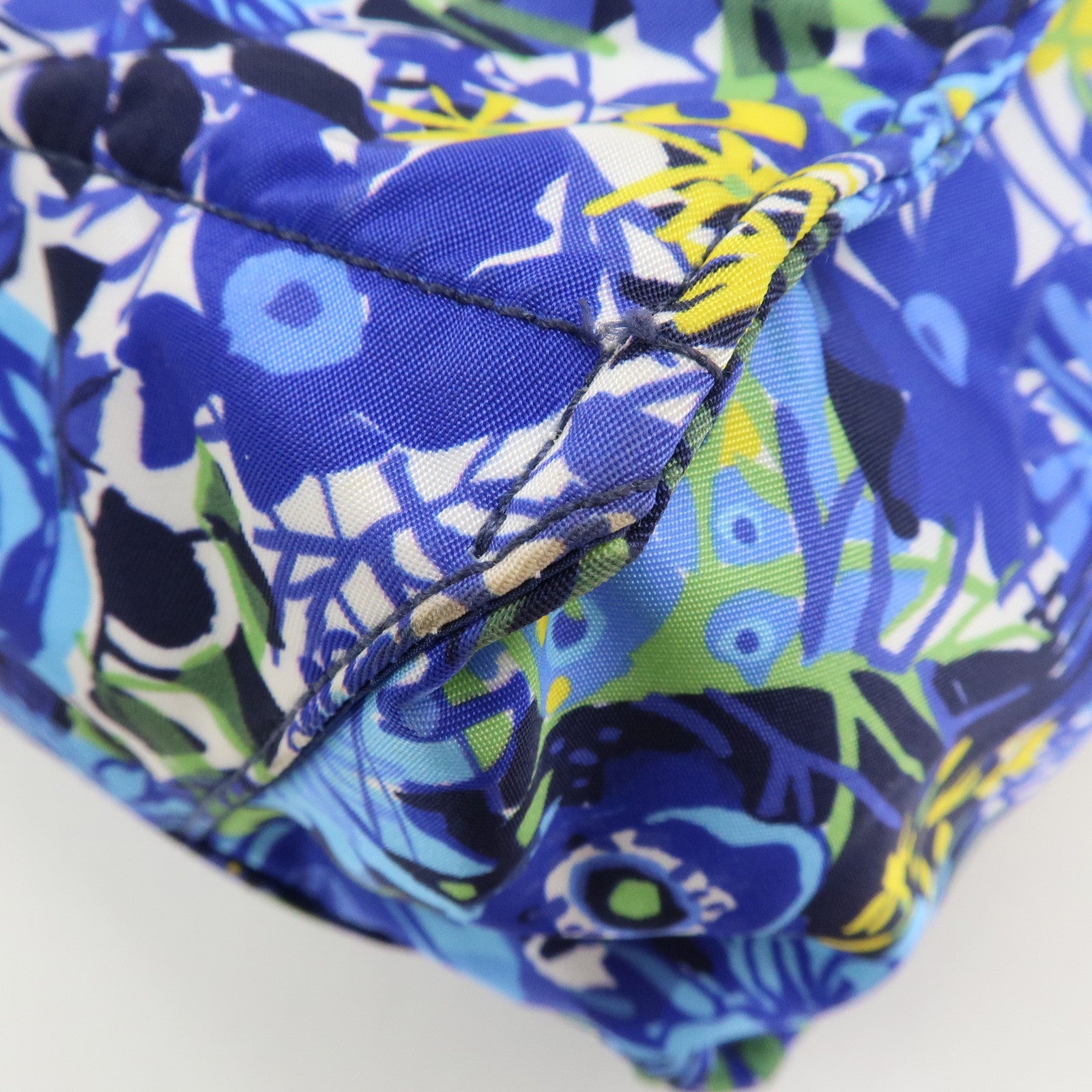 PRADA Logo Nylon Leather Tote Bag Floral Print Blue BN2851 Used