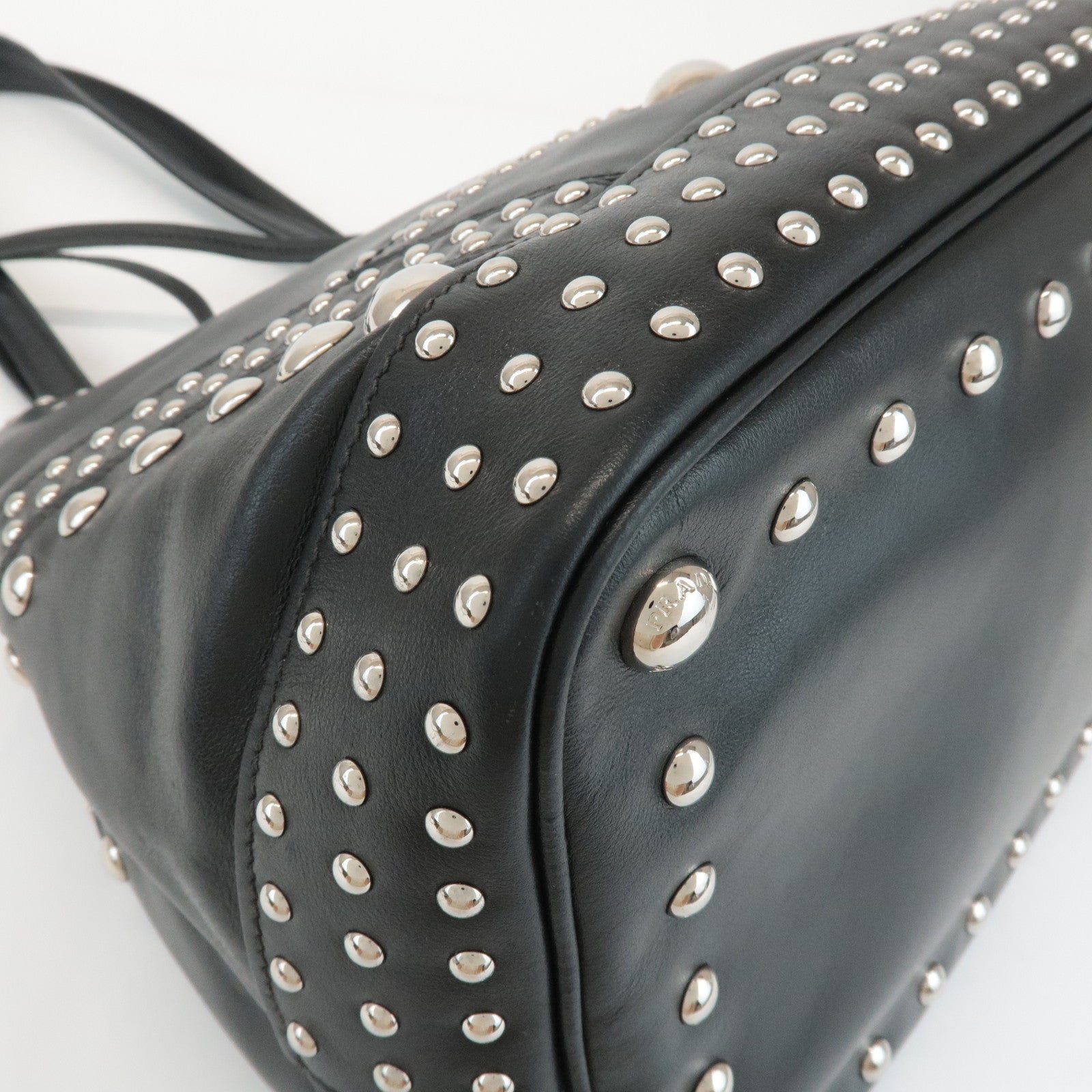PRADA Calf Leather Drawstring Shoulder Bag Studs Tassel B5061M Used
