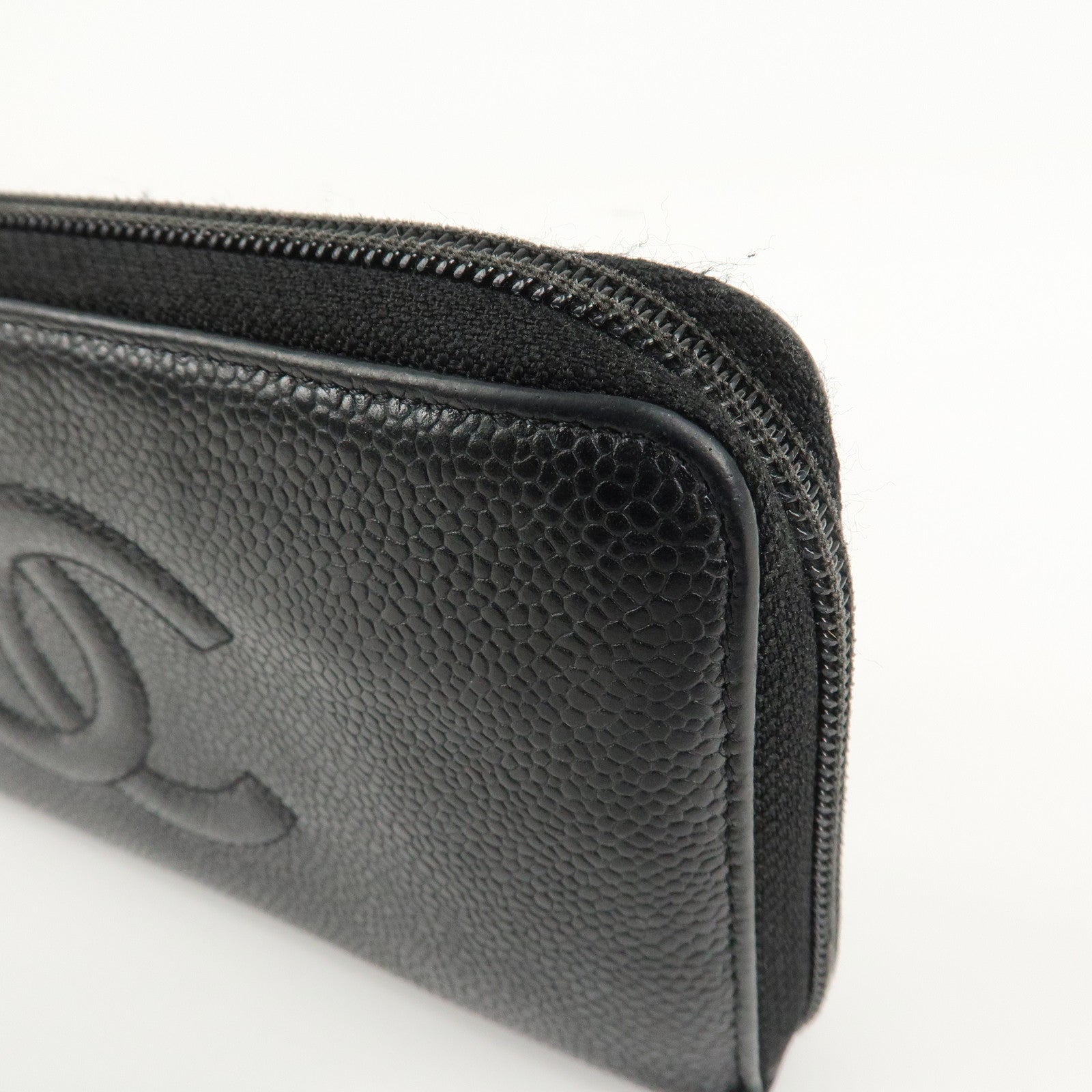 CHANEL Caviar Skin Zip Around Long Wallet Black A50071 Used