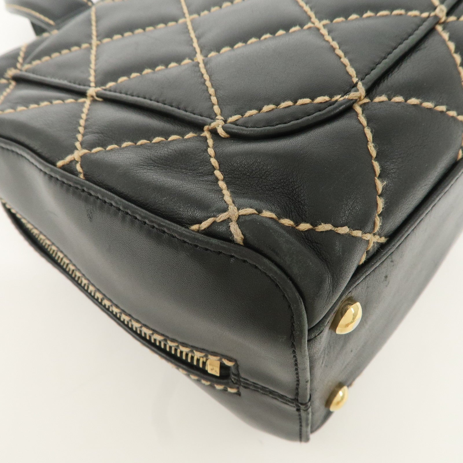 CHANEL Wild Stitch Lamb Skin COCO Mark Hand Bag Black A14692 Used