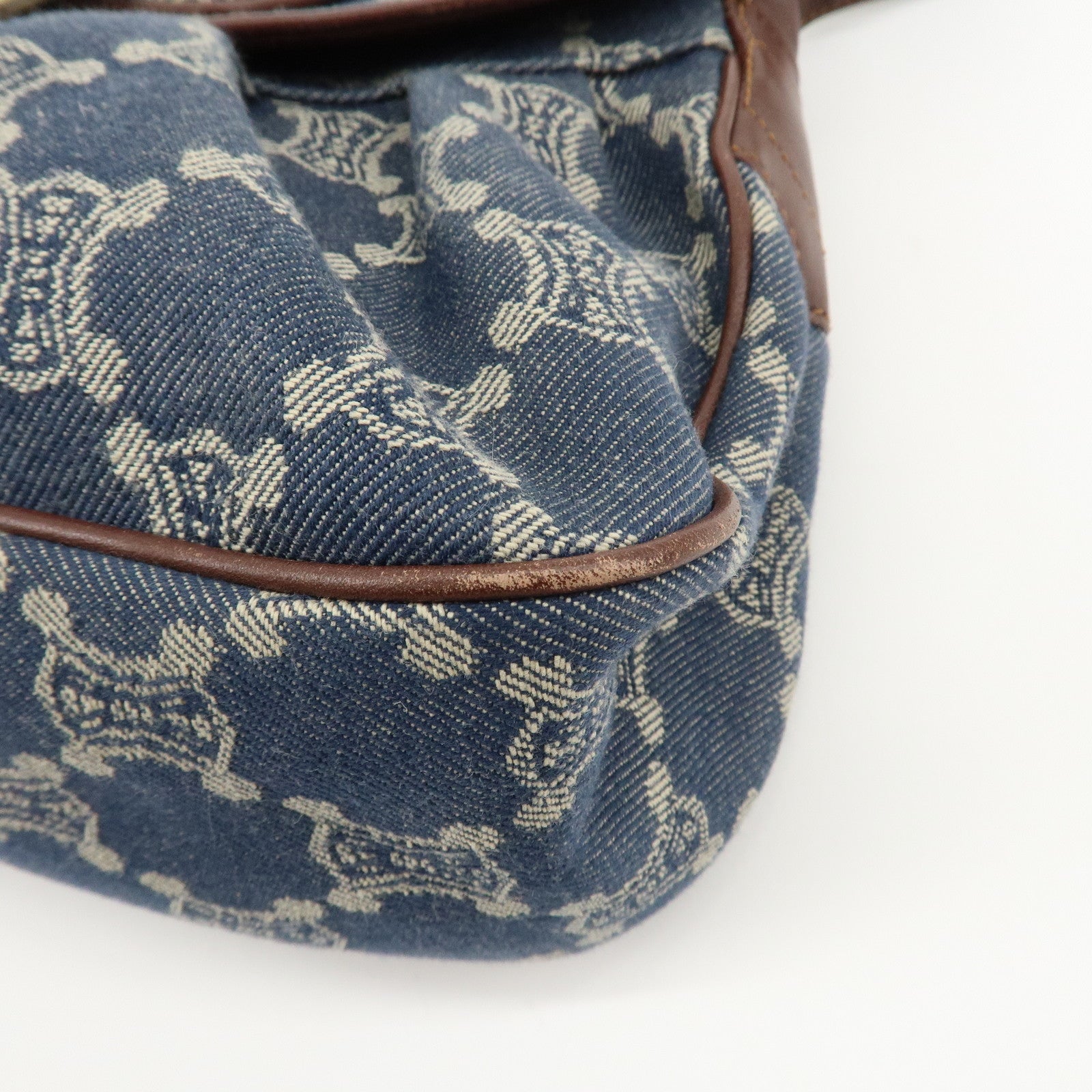 CELINE Macadam Denim Leather Shoulder Bag Blue Brown Used