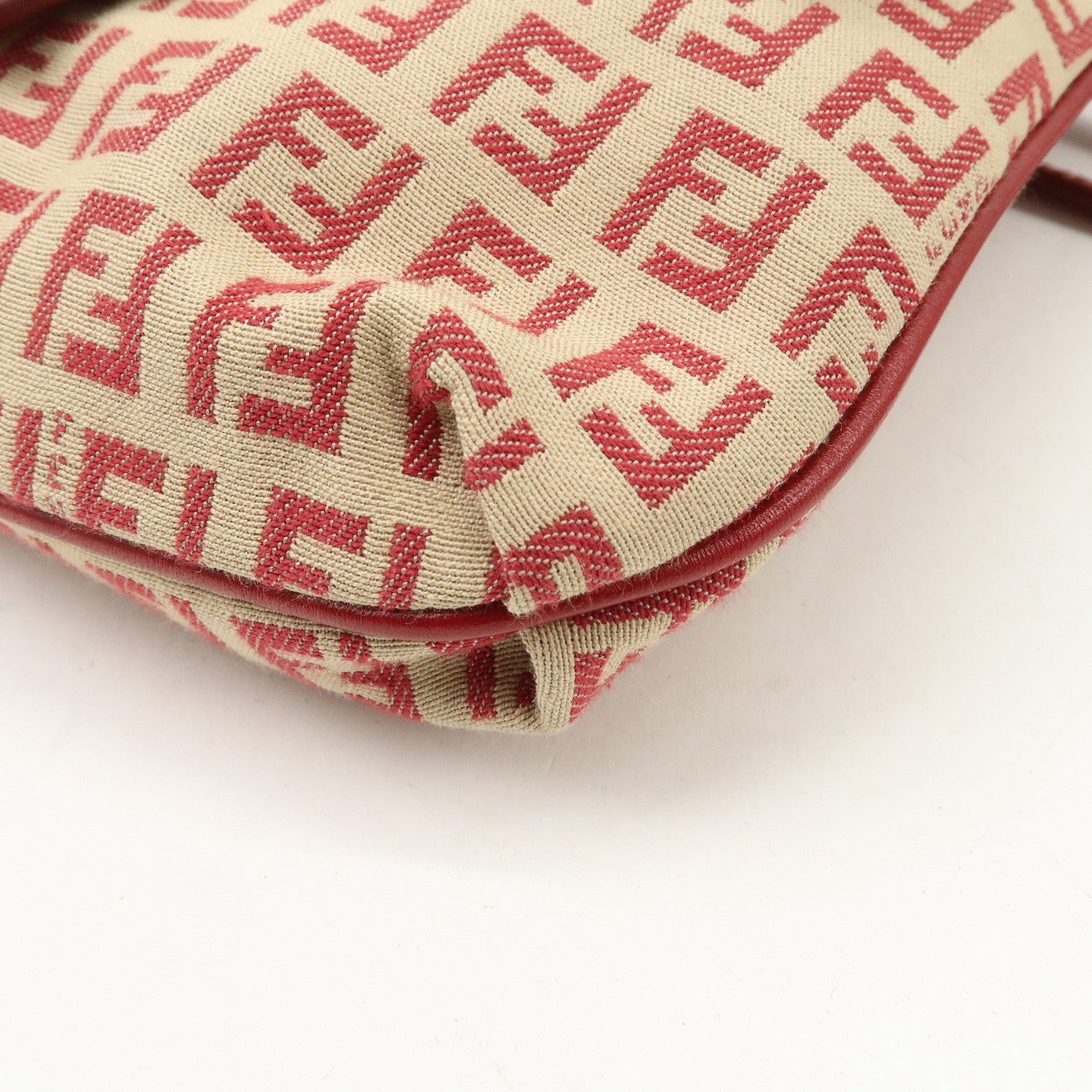 FENDI Zucchino Canvas Leather Shoulder Bag Beige Red 8BT075 Used
