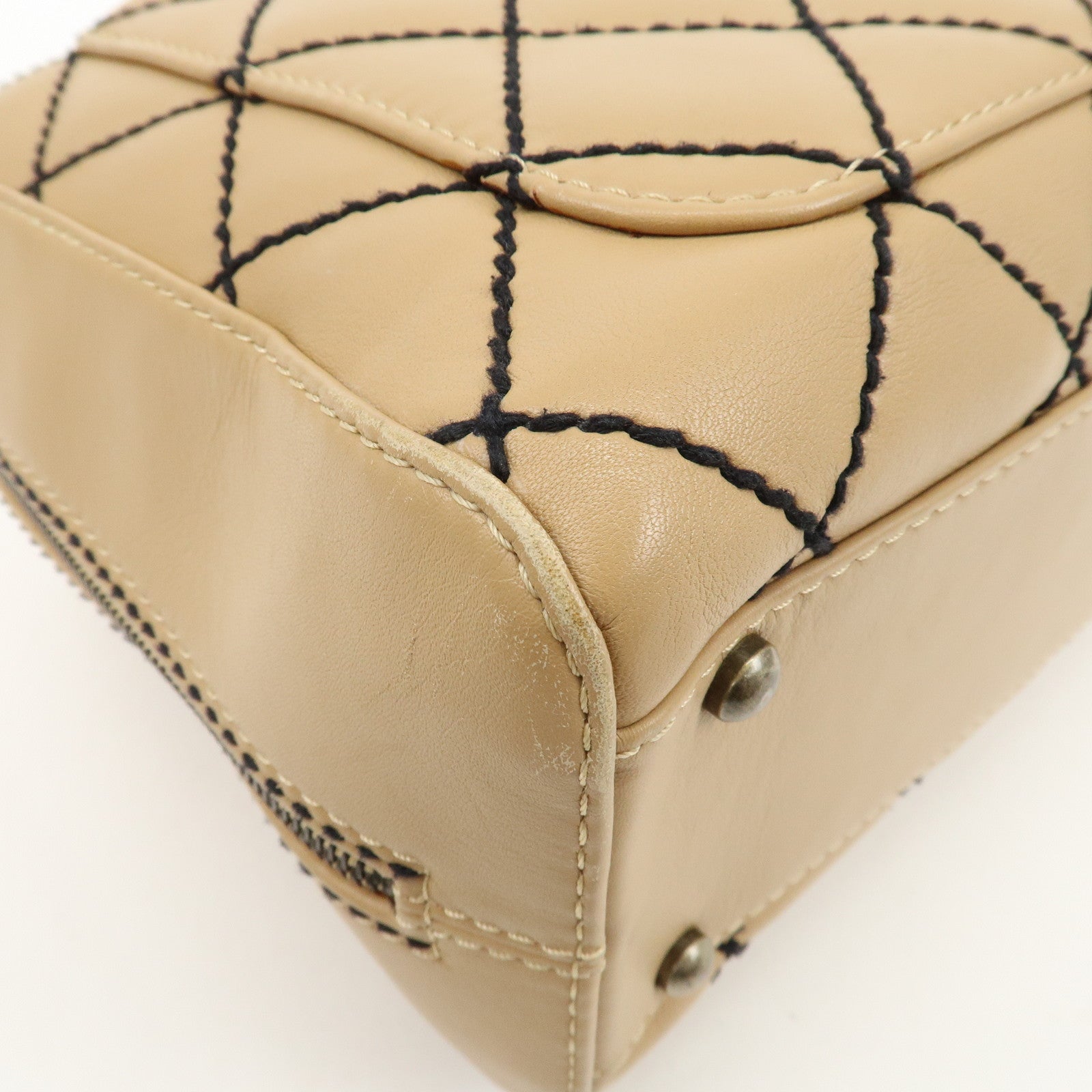 CHANEL Wild Stitch Lamb Skin Coco Mark Hand Bag Beige A14692 Used