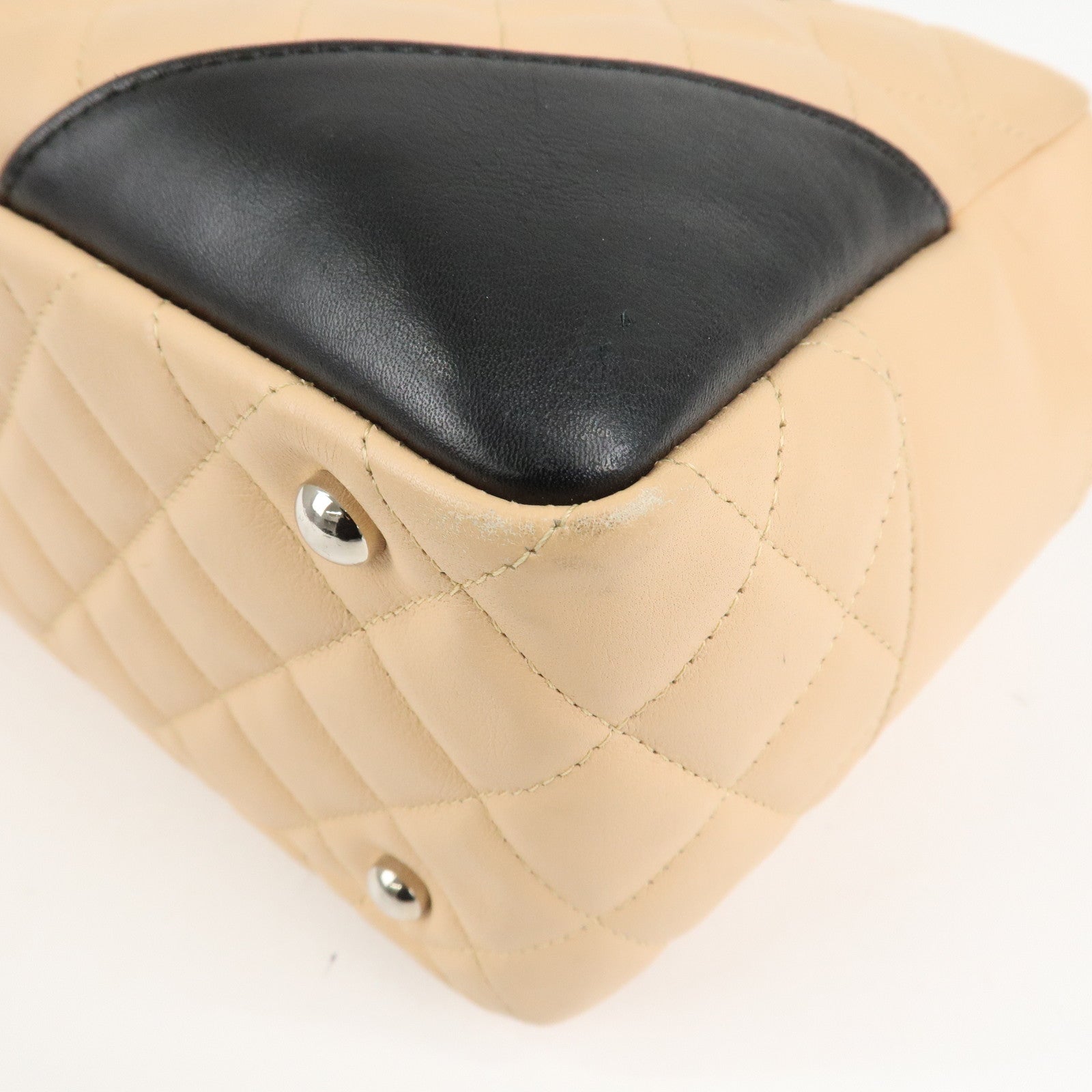 CHANEL Cambon Line Lamb Skin Bowling Bag Hand Bag Beige A25171 Used