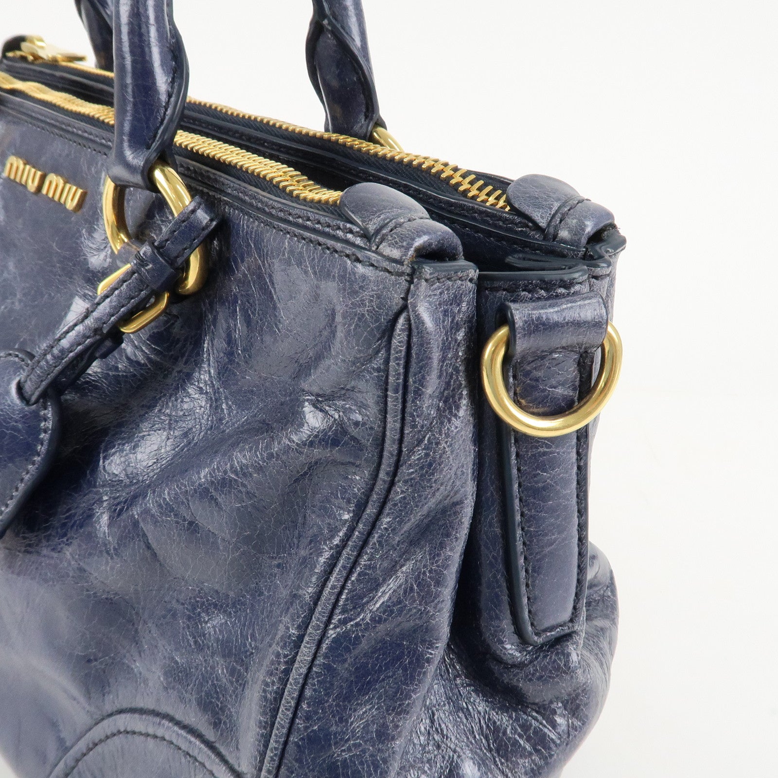 MIU MIU Leather 2Way Bag Hand Bag Shoulder Bag Blue RN1127 Used