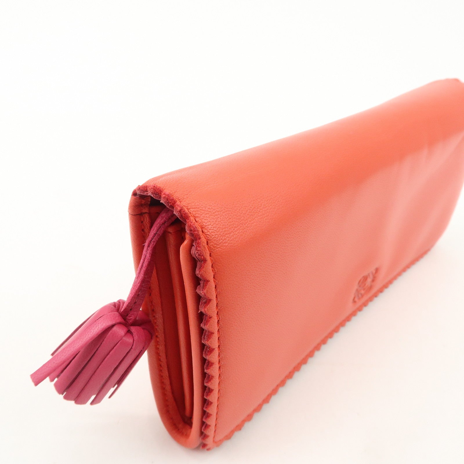 LOEWE Anagram Leather Bi-fold Pinking Long Wallet Red Used