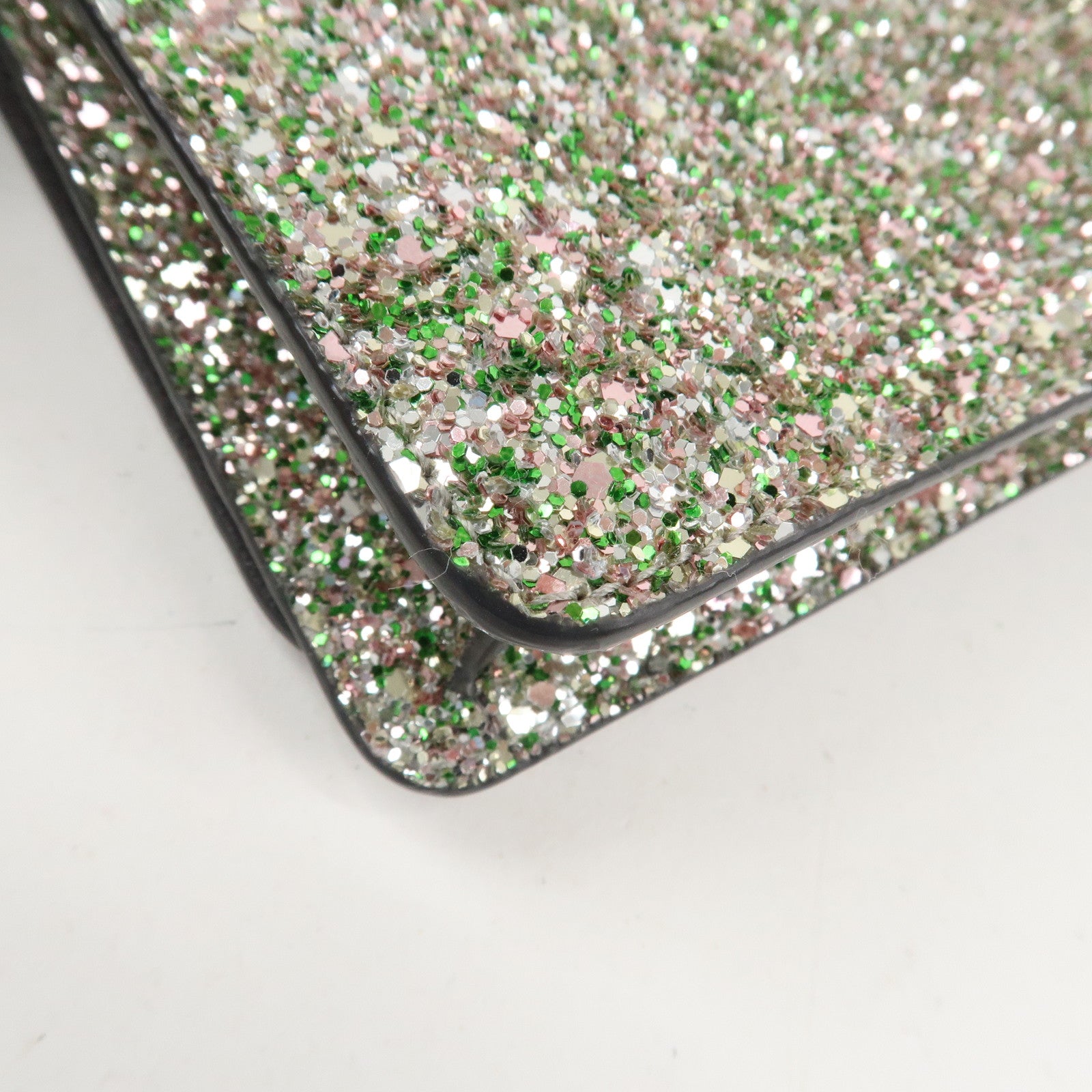JIMMY CHOO Glitter Leather Shoulder Wallet Bag Green Silver Used