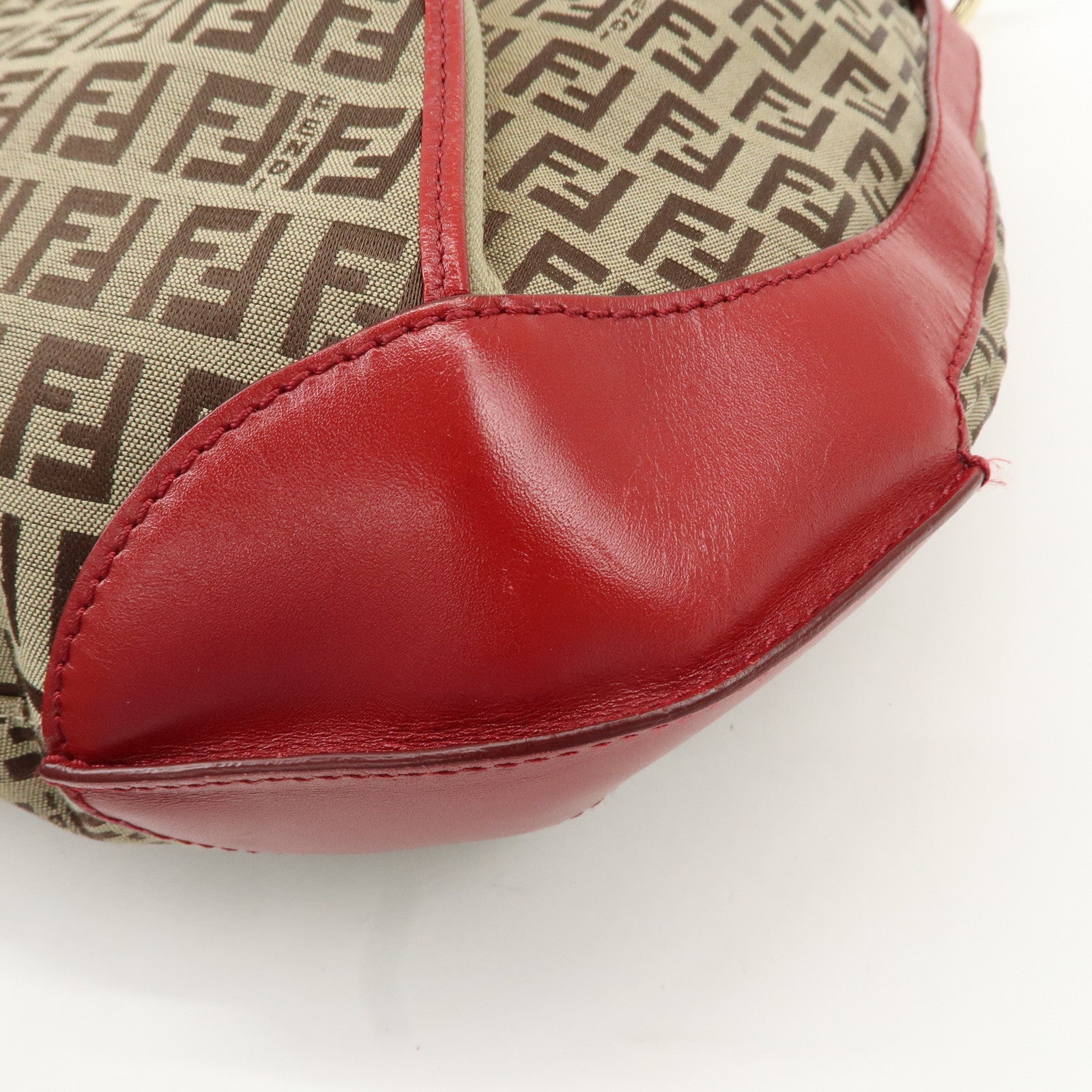 FENDI Zucchino Canvas Leather Shoulder Bag Khaki Brown Red 8BR465 Used