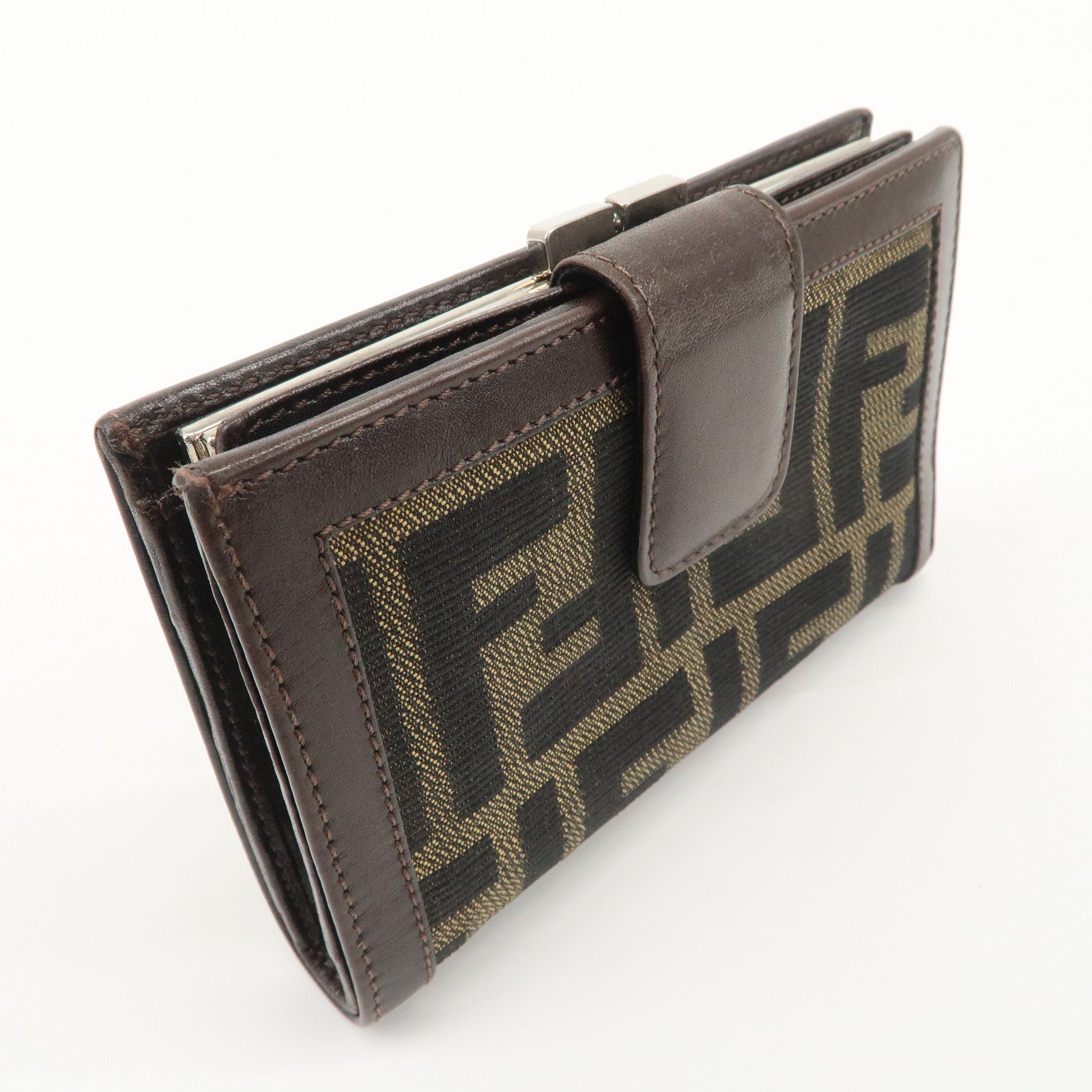 FENDI Zucca Canvas Leather Bi-Fold Compact Wallet Beige Brown 01692 Used
