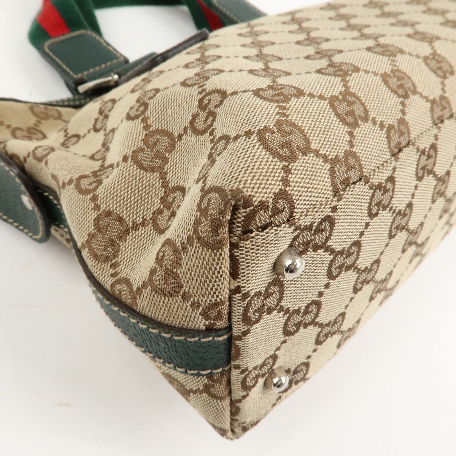 GUCCI Sherry GG Canvas Leather Hand Bag Beige Green 145759