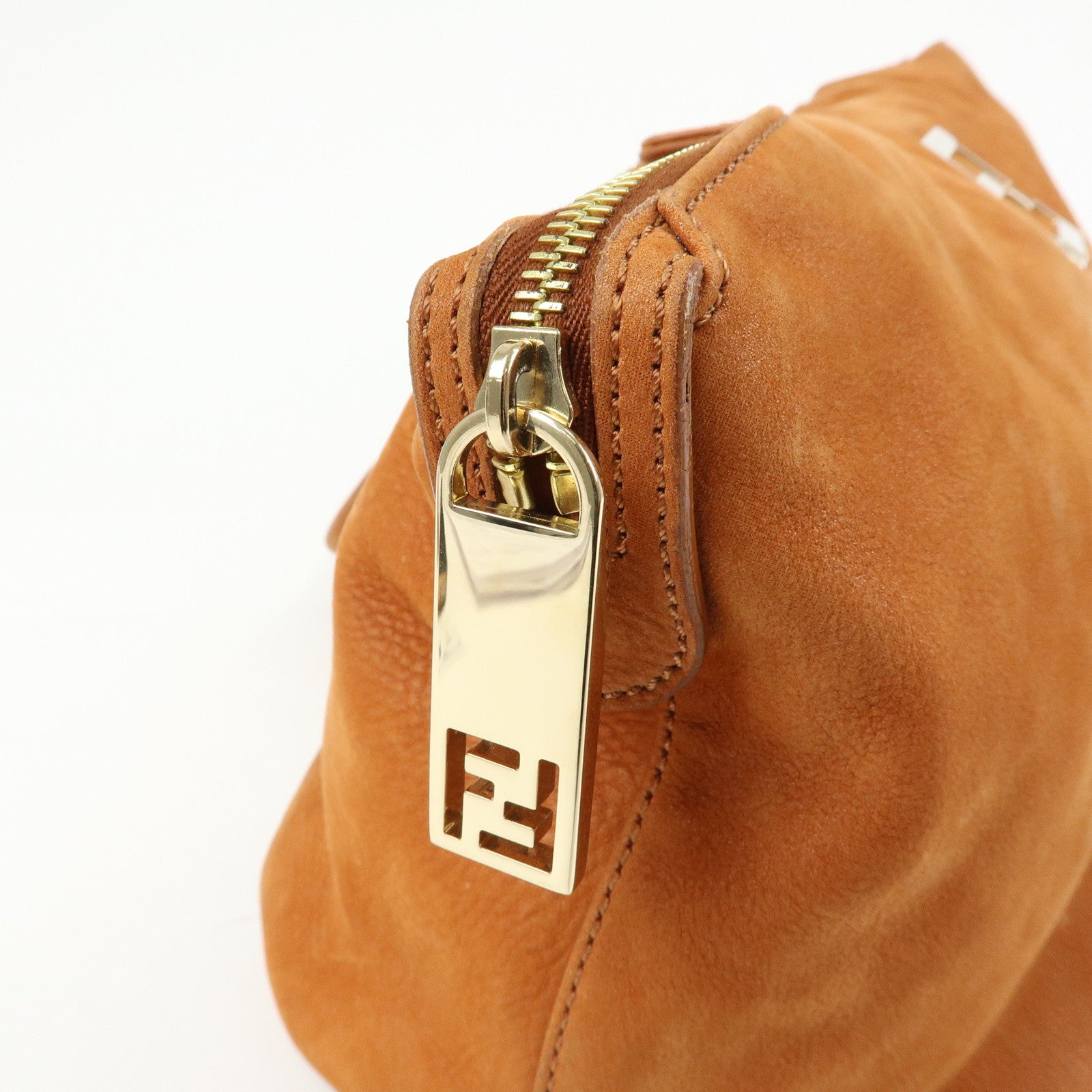 FENDI Leather LAMPO Tote Bag Shoulder Bag Camel Brown 8BR636