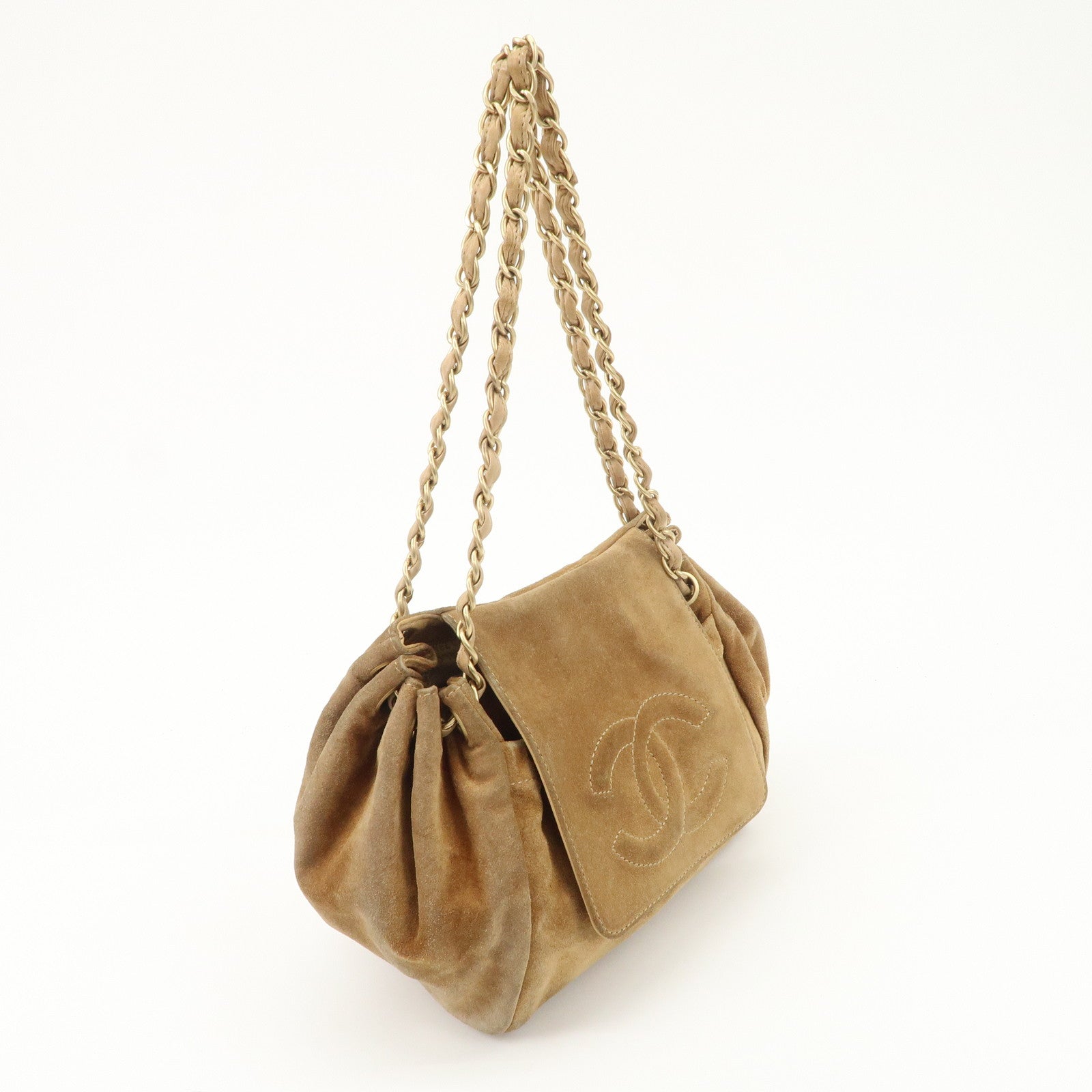 CHANEL COCO Mark Leather Suede Chain Shoulder Bag Beige Gold Used