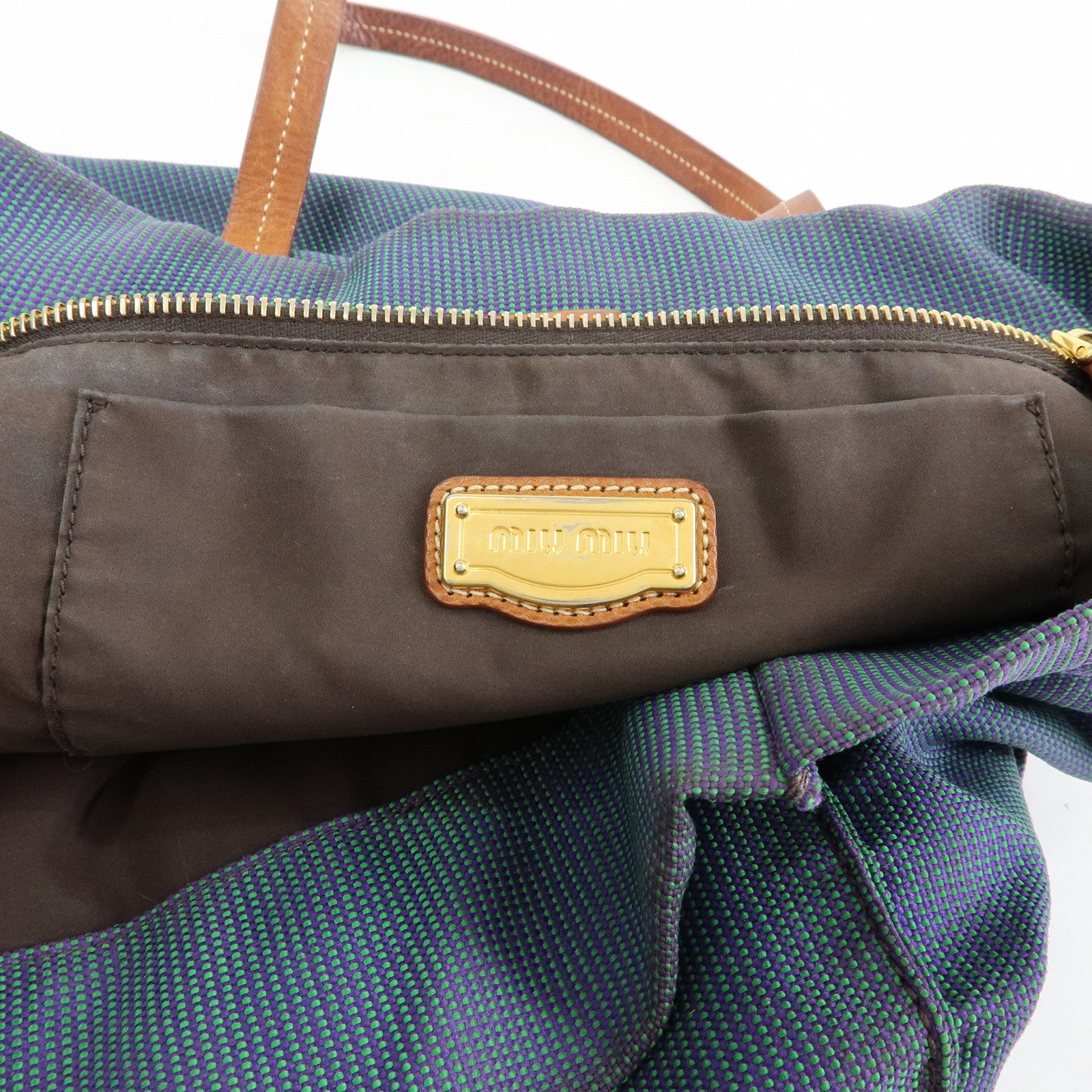 MIU MIU Logo Canvas Leather Tote Bag Shoulder Bag Blue Brown