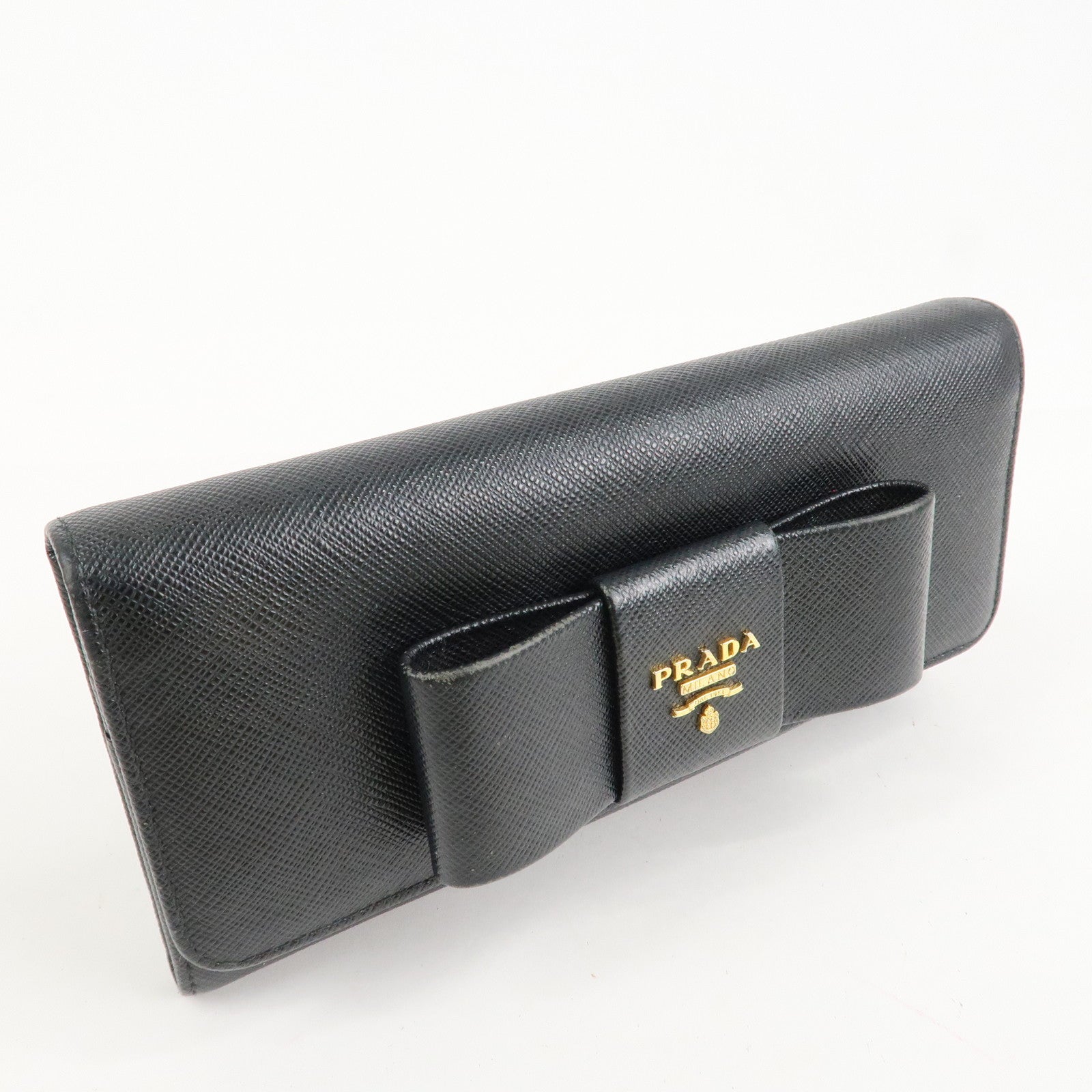 PRADA Saffiano Leather Flap Bi-Fold Long Wallet Black Gold 1MH132 Used