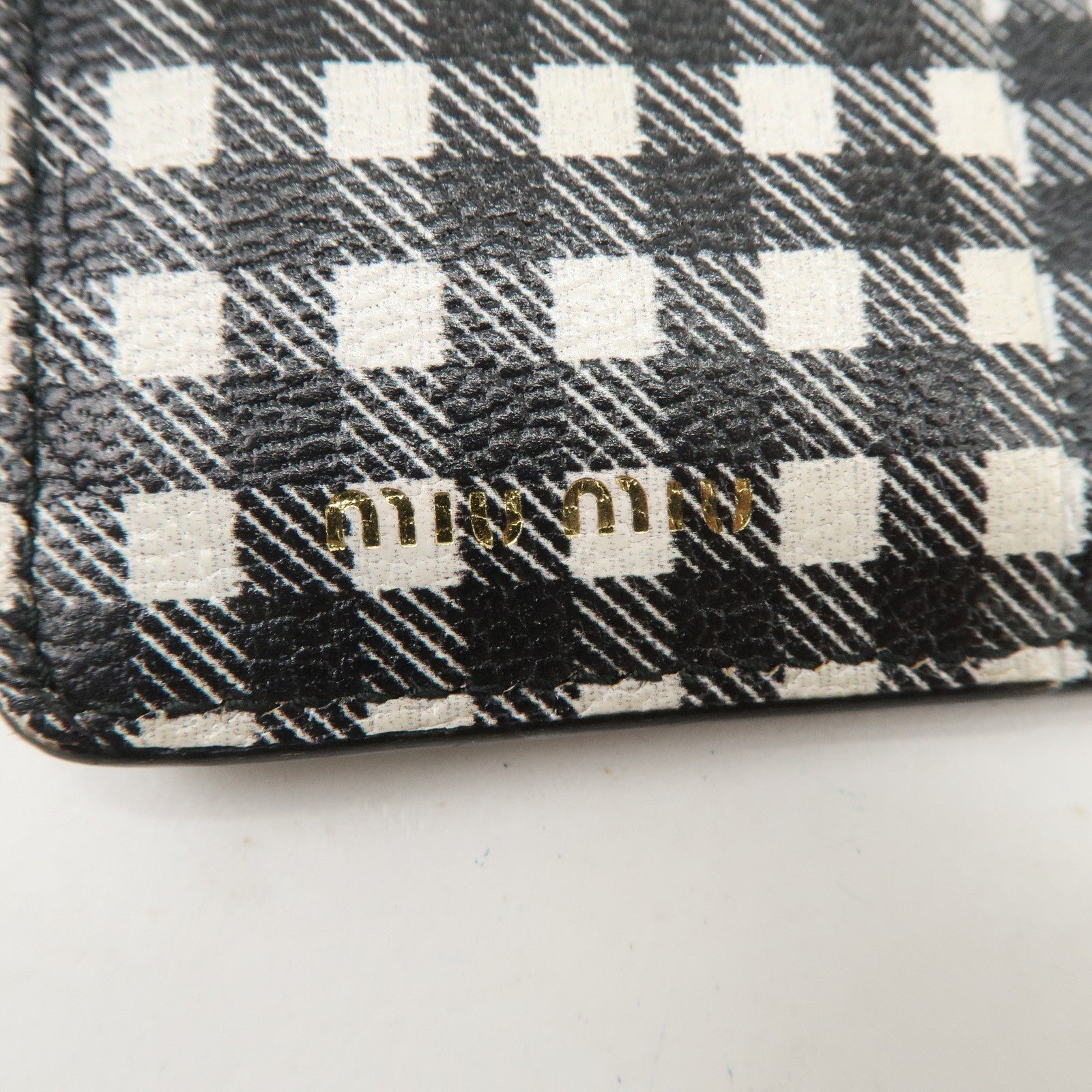 MIU MIU Plaid Leather Compact Bi-fold Wallet Black Ivory 5MV204