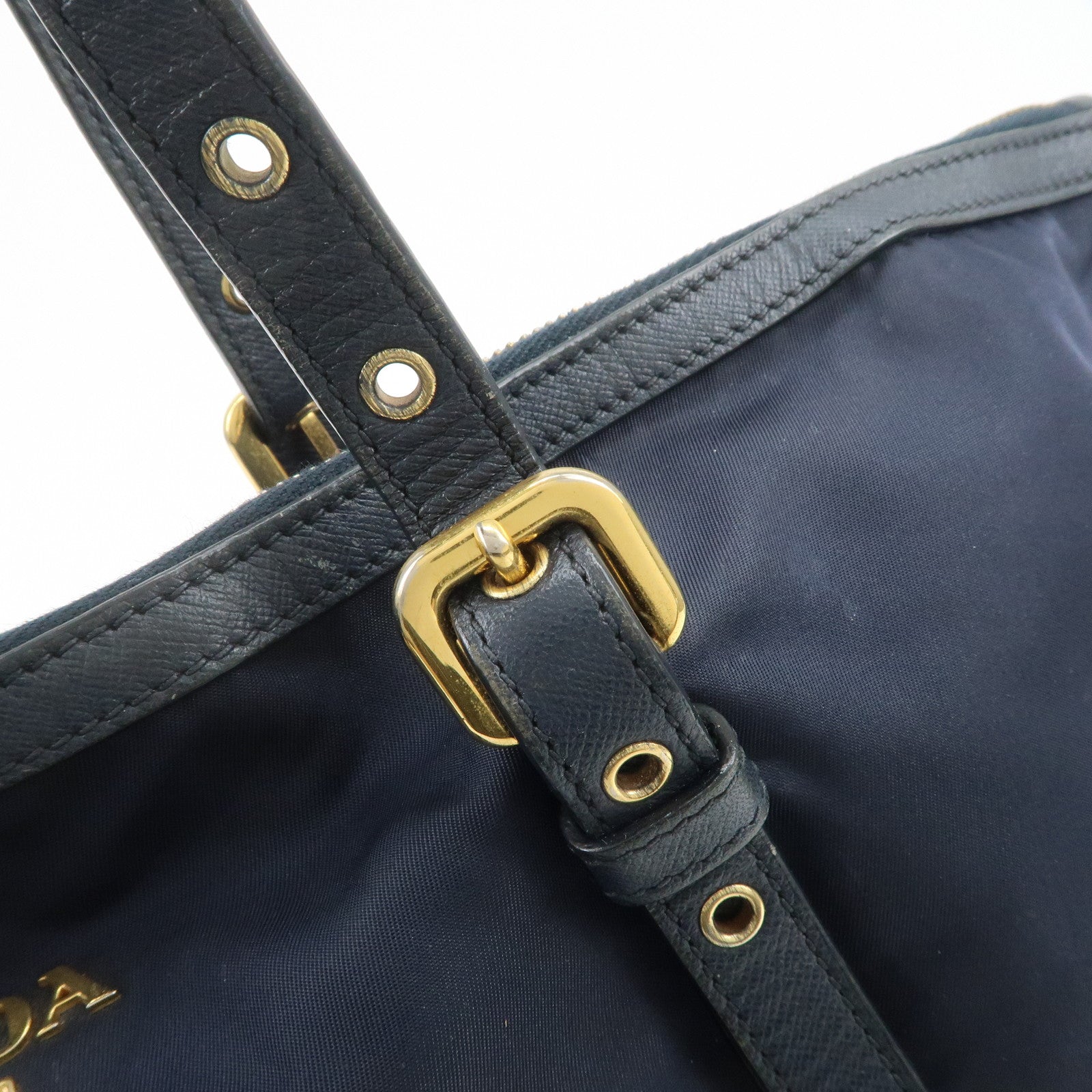 PRADA Nylon Saffiano Leather Shoulder Bag Tote Bag Navy