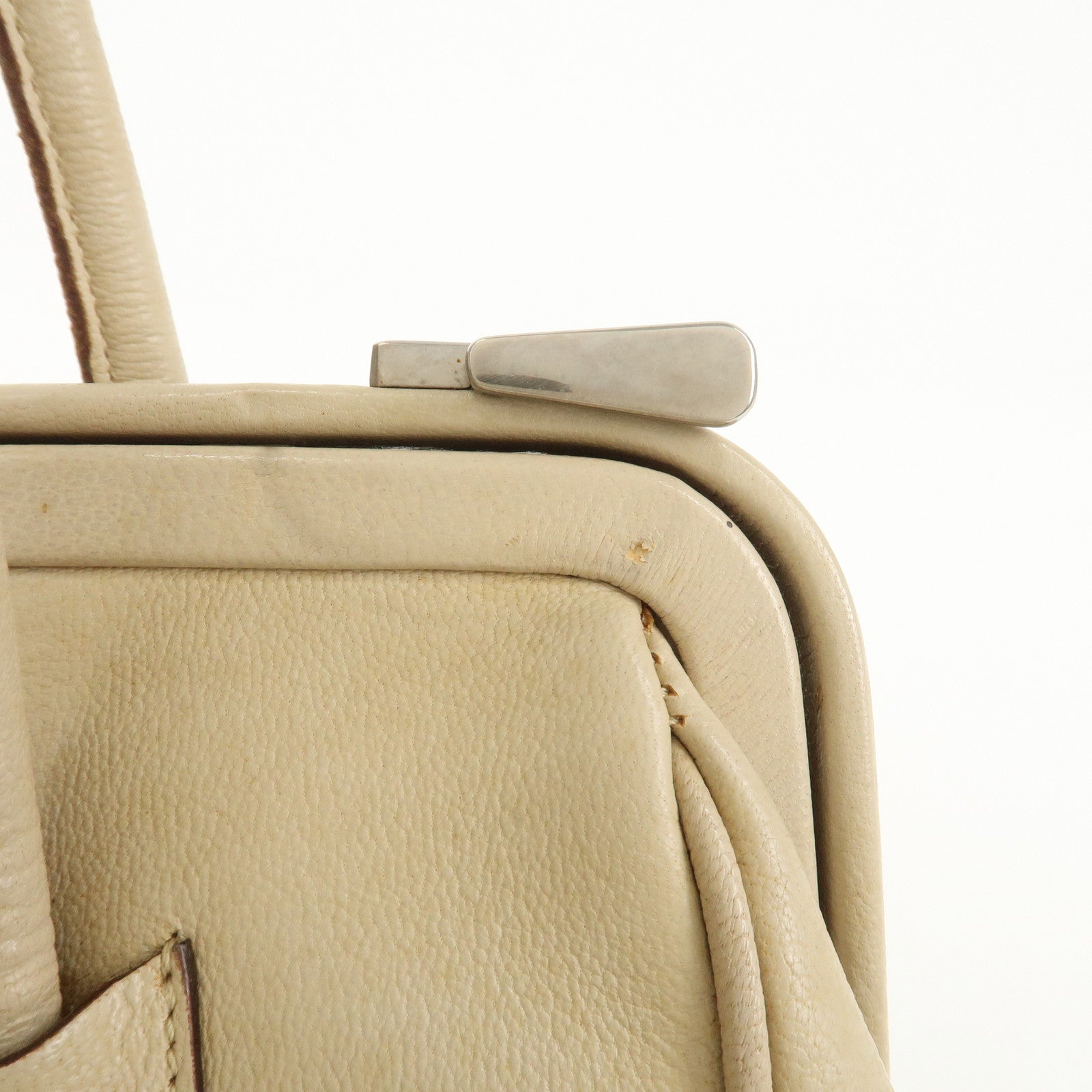PRADA Leather Doctors Bag Hand Bag Beige Silver