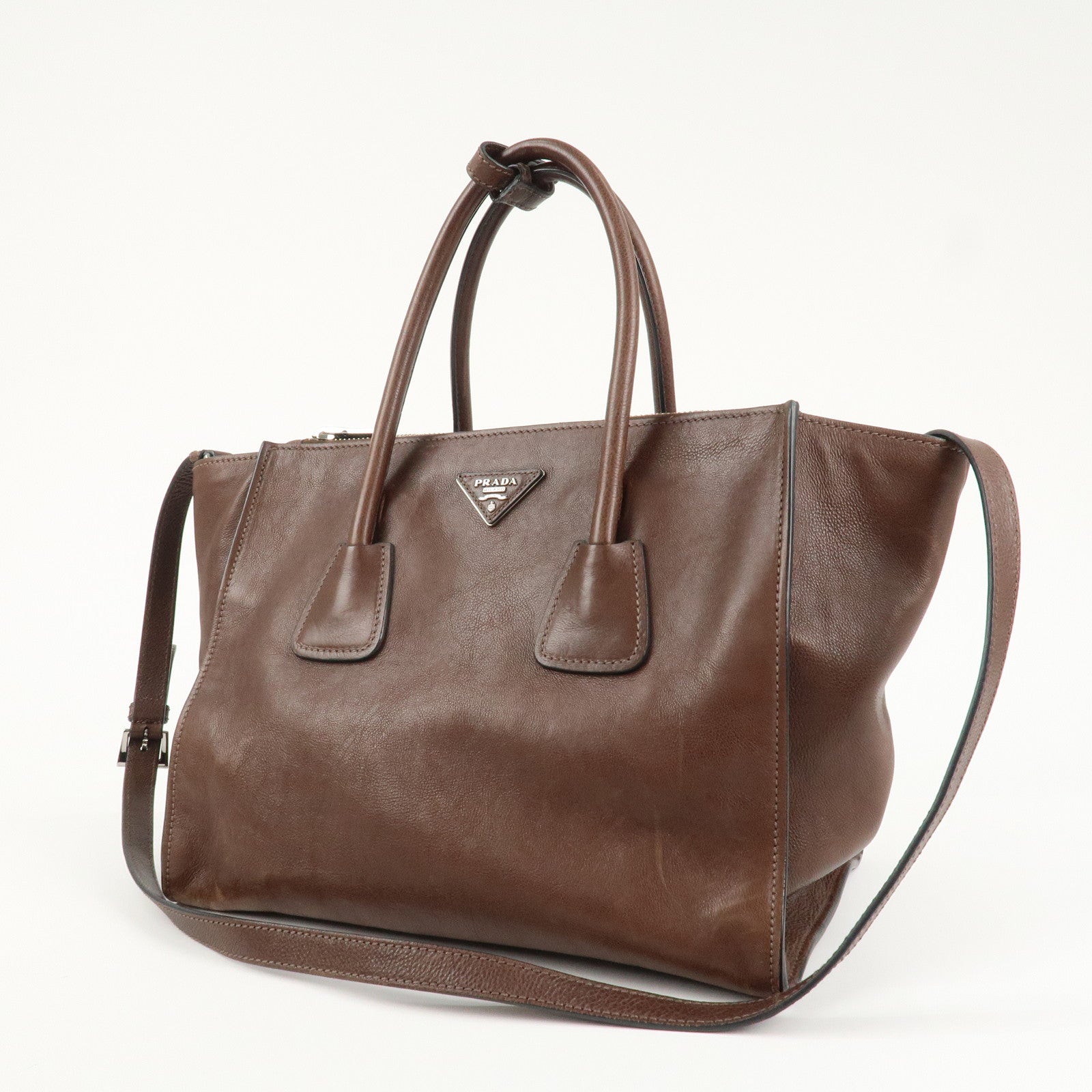PRADA Triangle Logo Leather 2way Hand Bag Shoulder Bag Brown BN2619 Used
