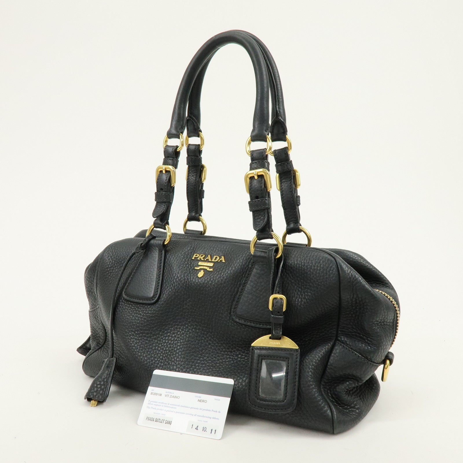 PRADA Logo Leather Boston Bag Shoulder Bag Black B3091M