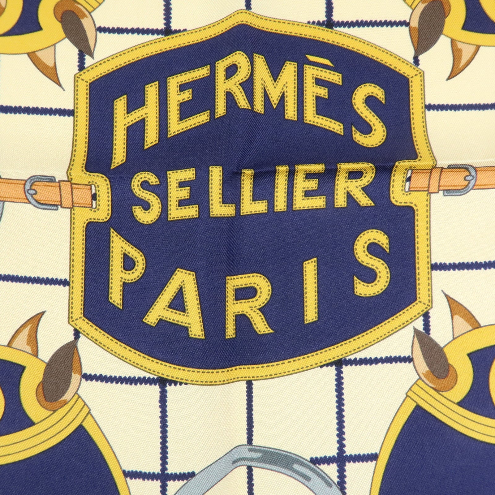 HERMES Carre 70 Silk 100% Scarf Tattersalles Navy Beige