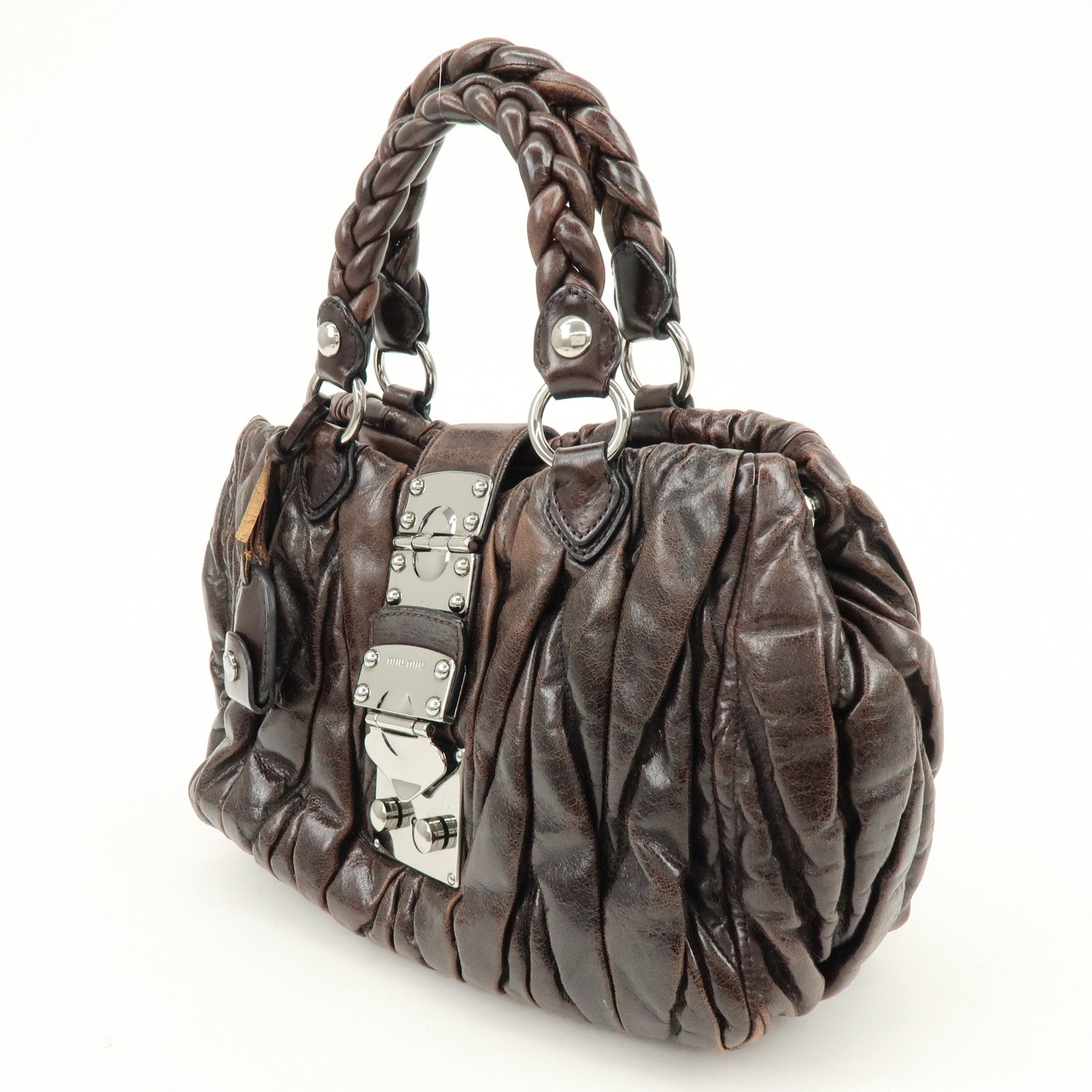MIU MIU Matelasse Leather 2Way Bag Hand Bag Shoulder Bag Dark Brown