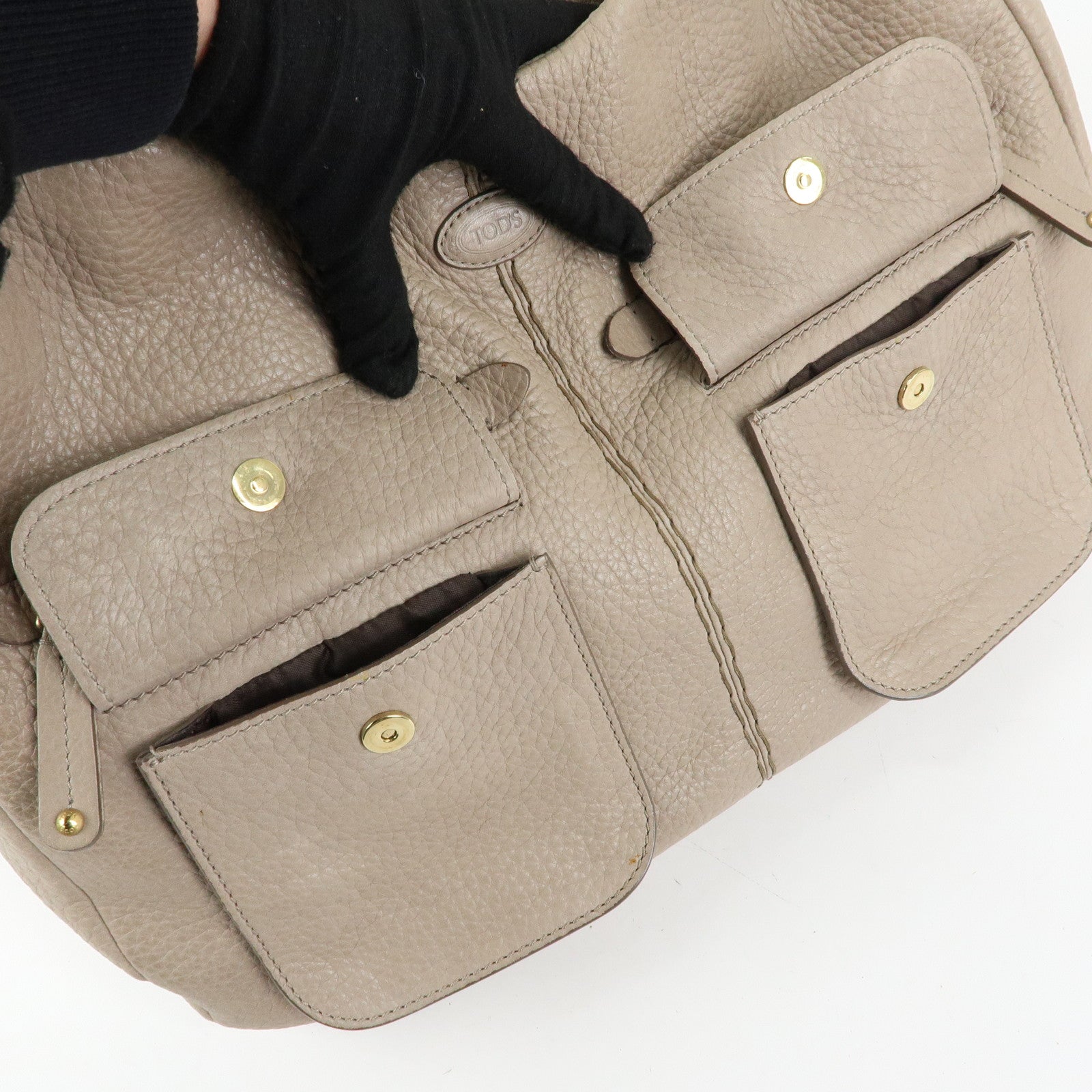 TOD'S Leather Tote Bag Shoulder Bag Hand Bag Greige