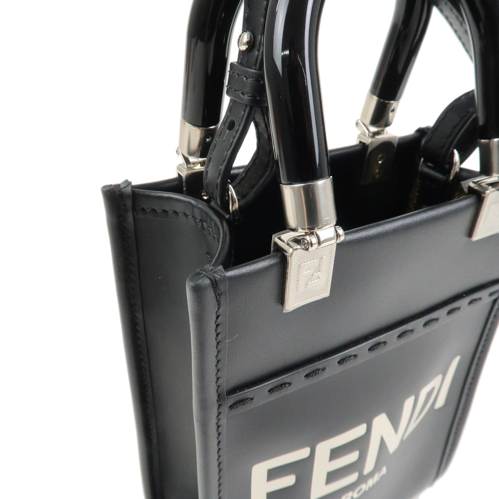 FENDI Leather Sunshine Shopper Small 2Way Bag Hand Bag Black 8BS051