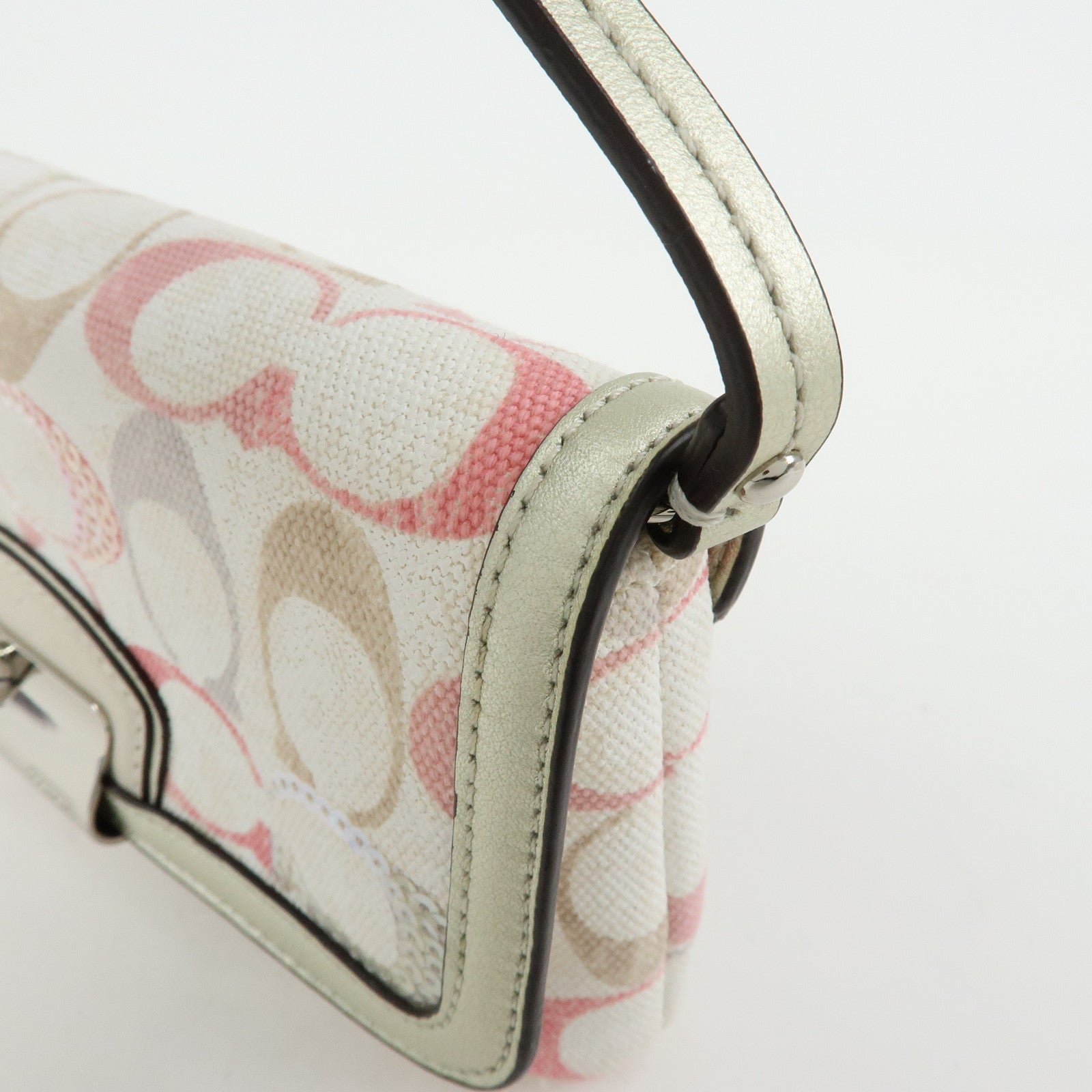 COACH Signature Canvas Sequins Leather Hand Bag Beige Light Gold