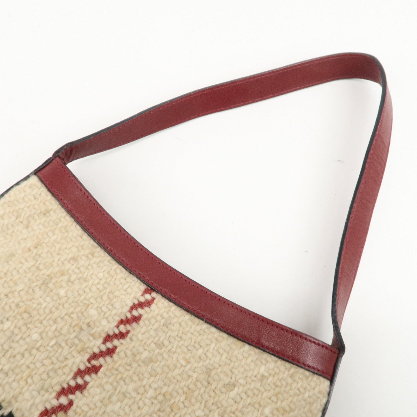 BURBERRY Wool Leather Hand Bag Plaid Wine Red Beige