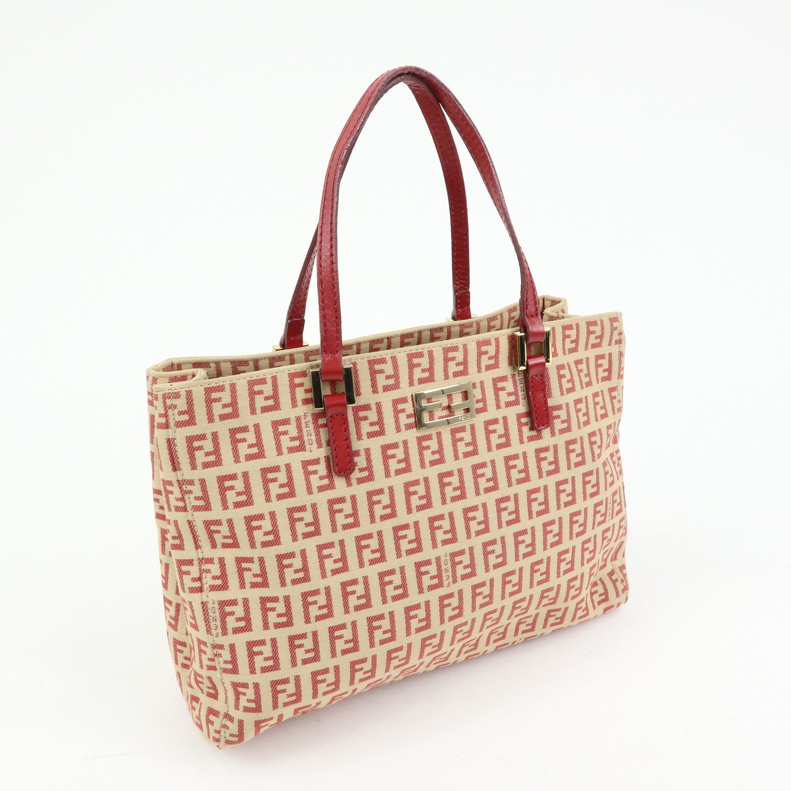 FENDI Zucchino Canvas Leather Hand Bag Tote Bag Beige Red 8BH132
