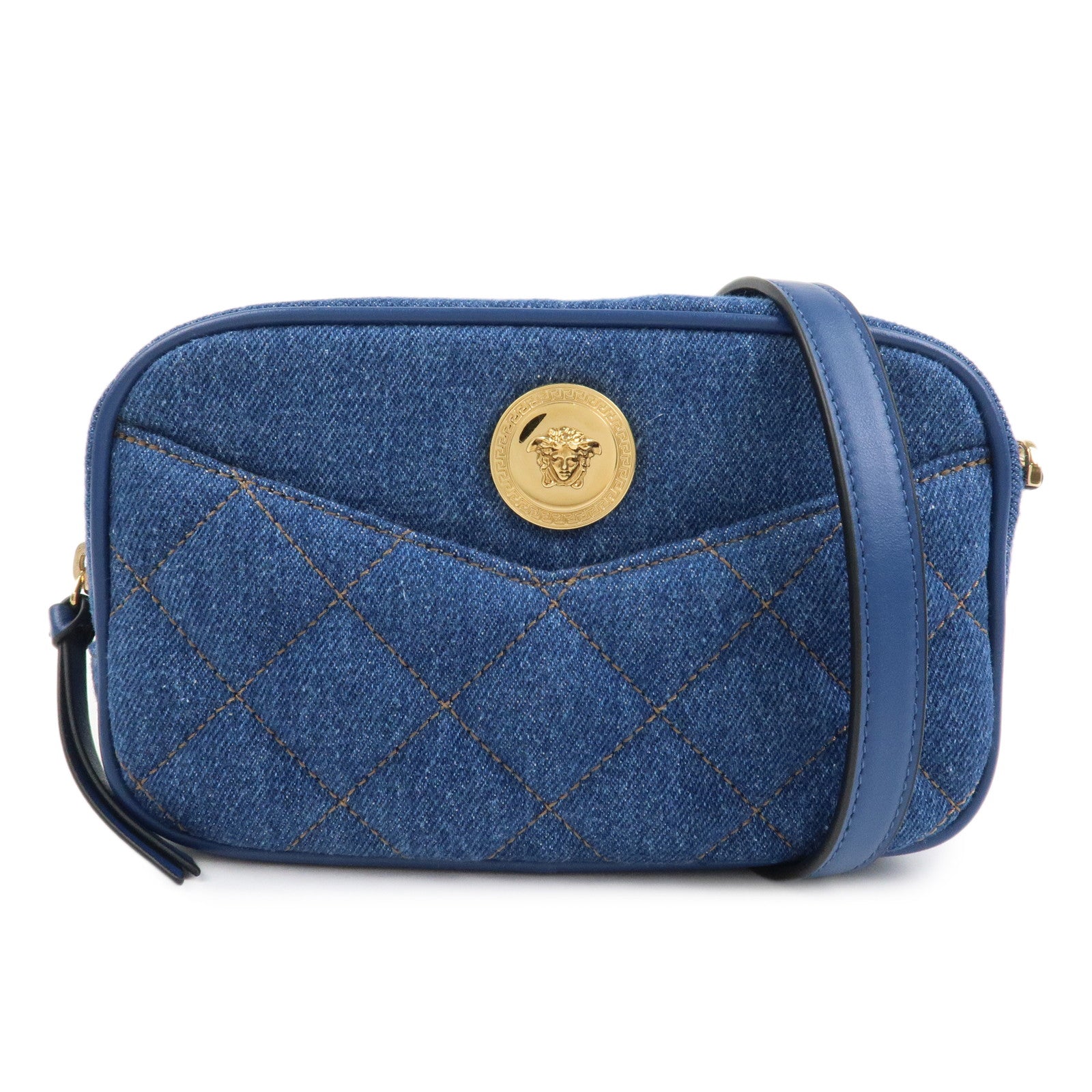 GIANNI VERSACE Denim Leather Chain Shoulder Bag Blue