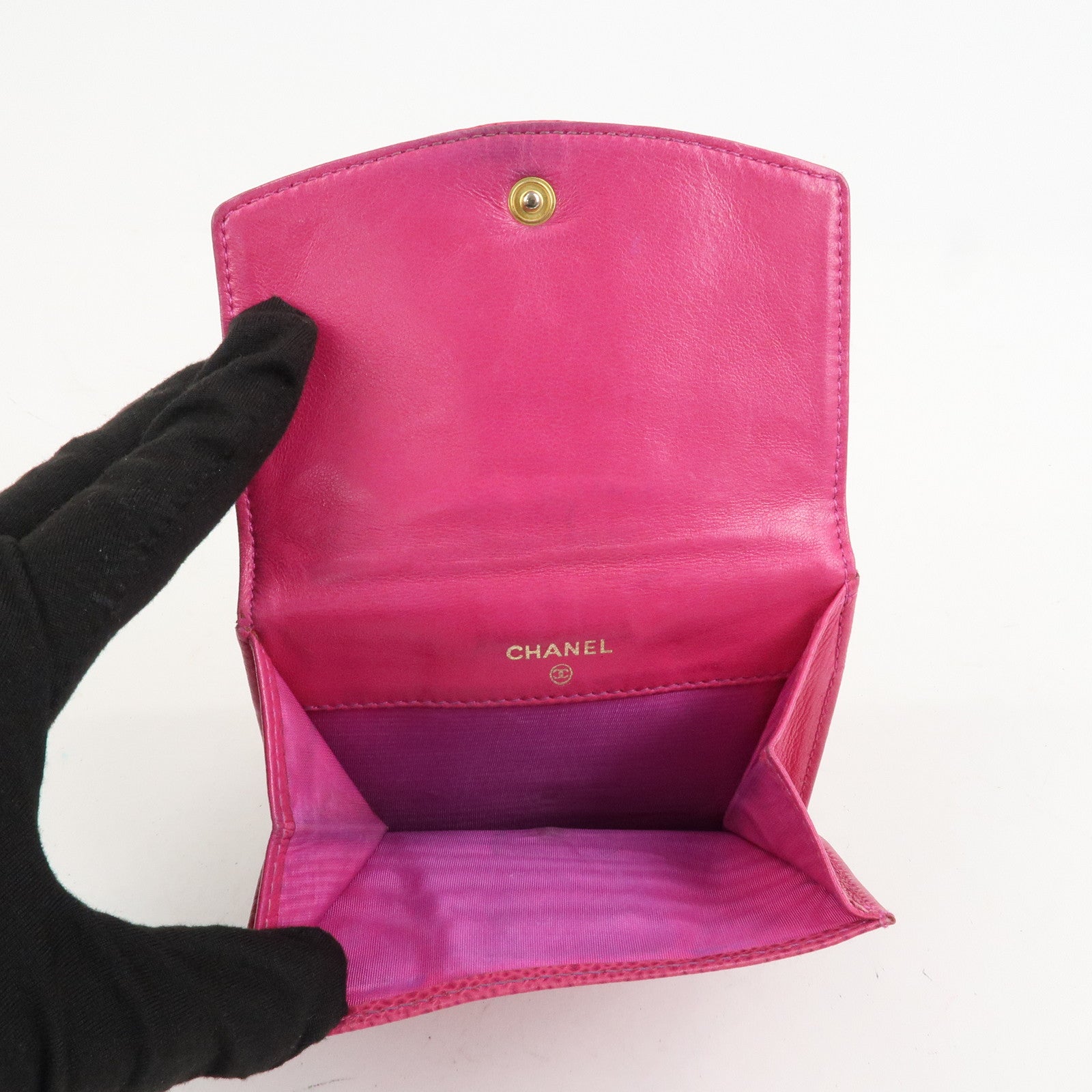 CHANEL COCO Mark Caviarskin Double Hook Bi-fold Wallet Pink