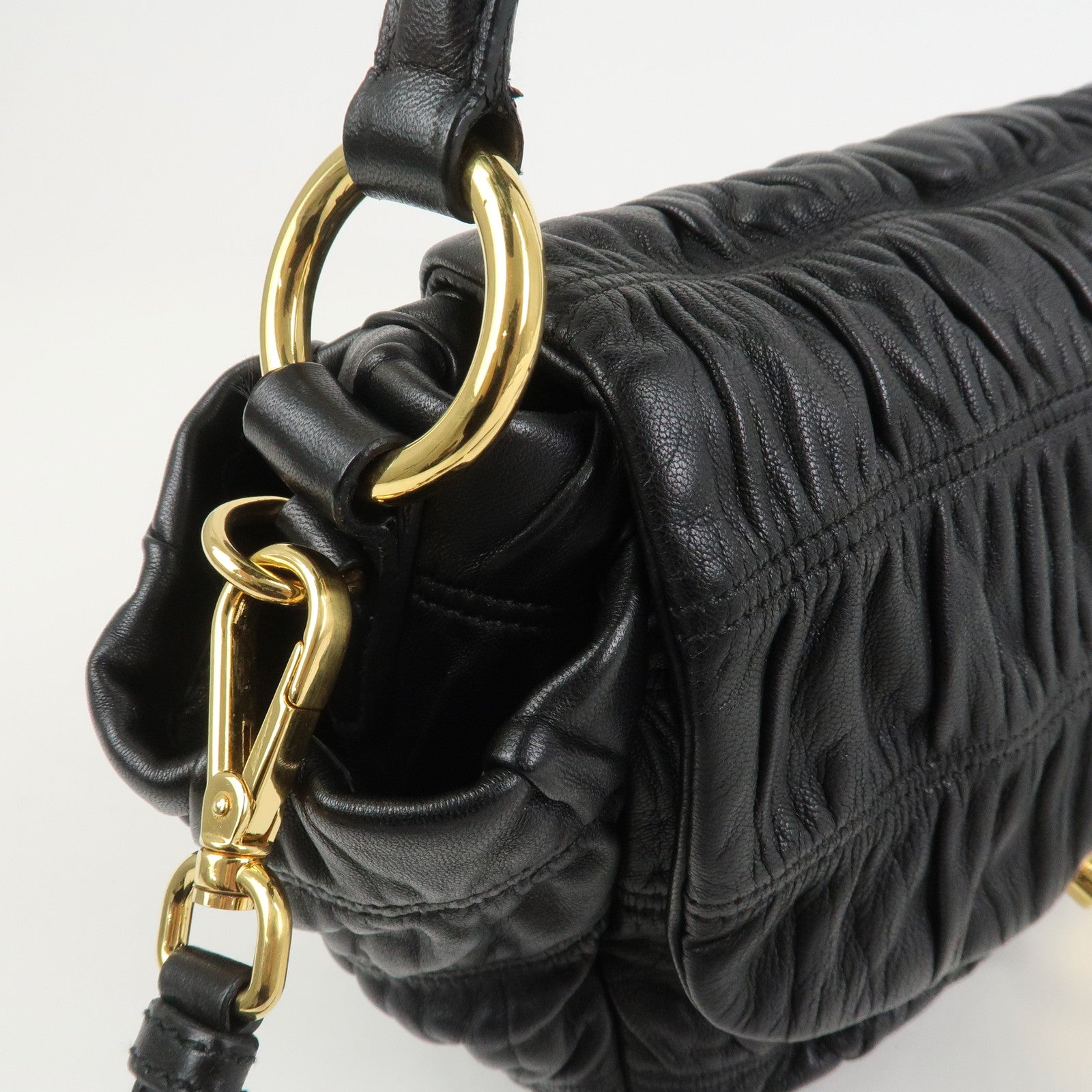 PRADA Logo Gathered Leather 2Way Bag Hand Bag Shoulder Bag Black