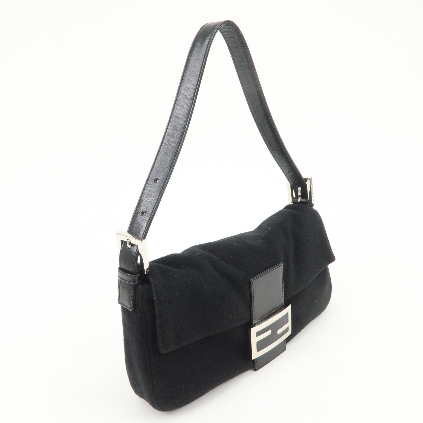 FENDI Mamma Baguette Wool Leather Shoulder Bag Hand Bag Black 26424