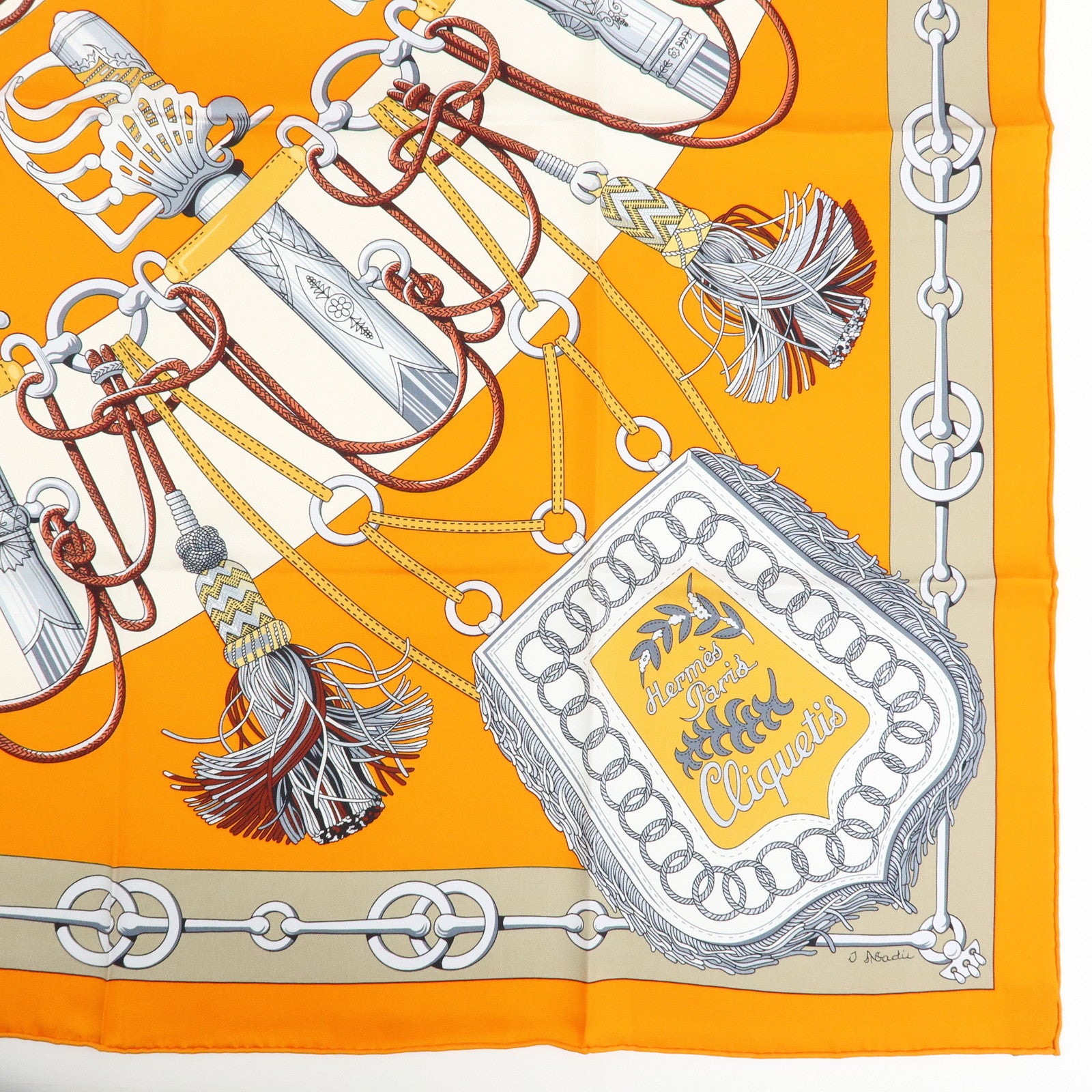 HERMES Carre 90 Silk 100% Scarf Cliquetis Orange Gray