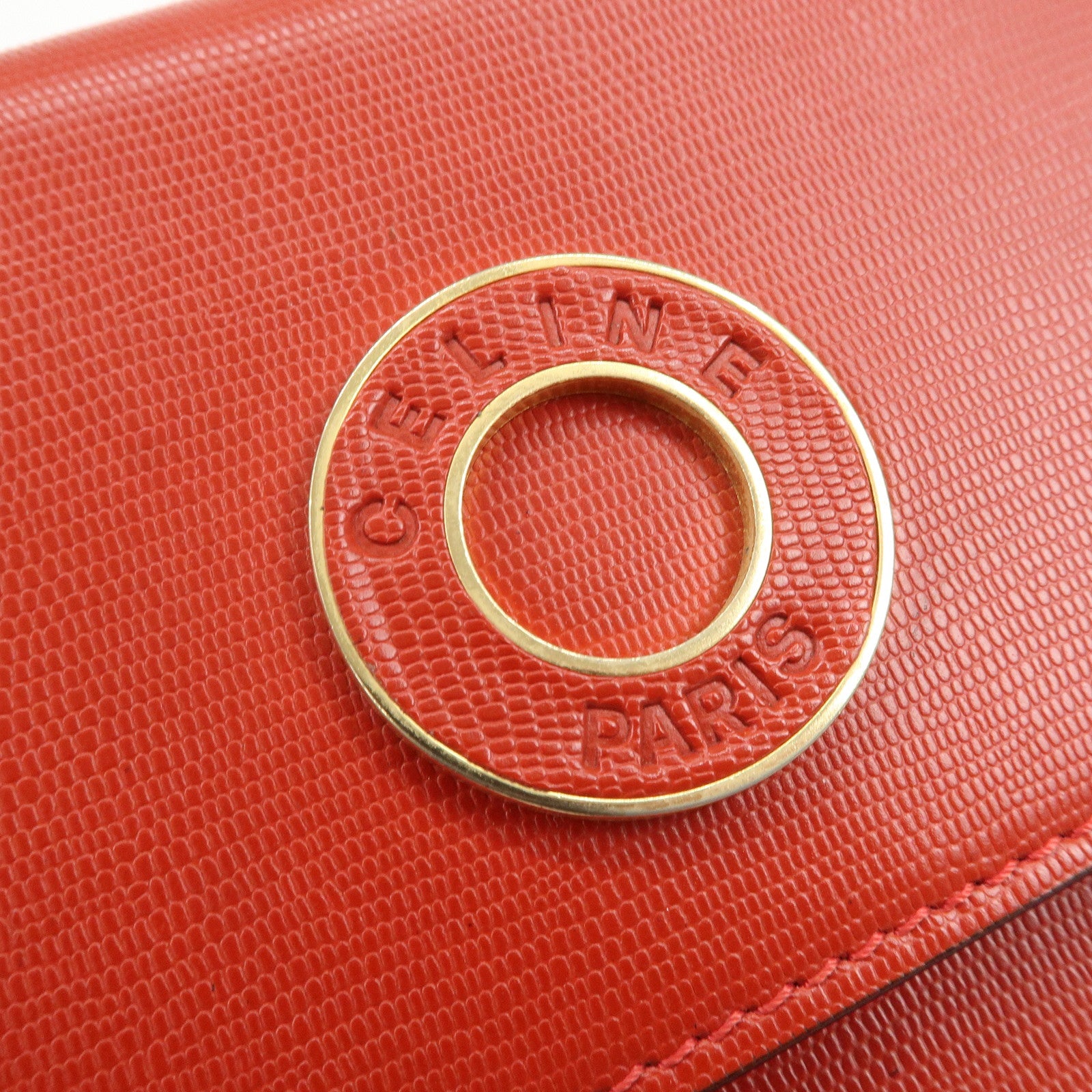 CELINE Logo Leather 2Way Bag Hand Bag Shoulder Bag Red Gold