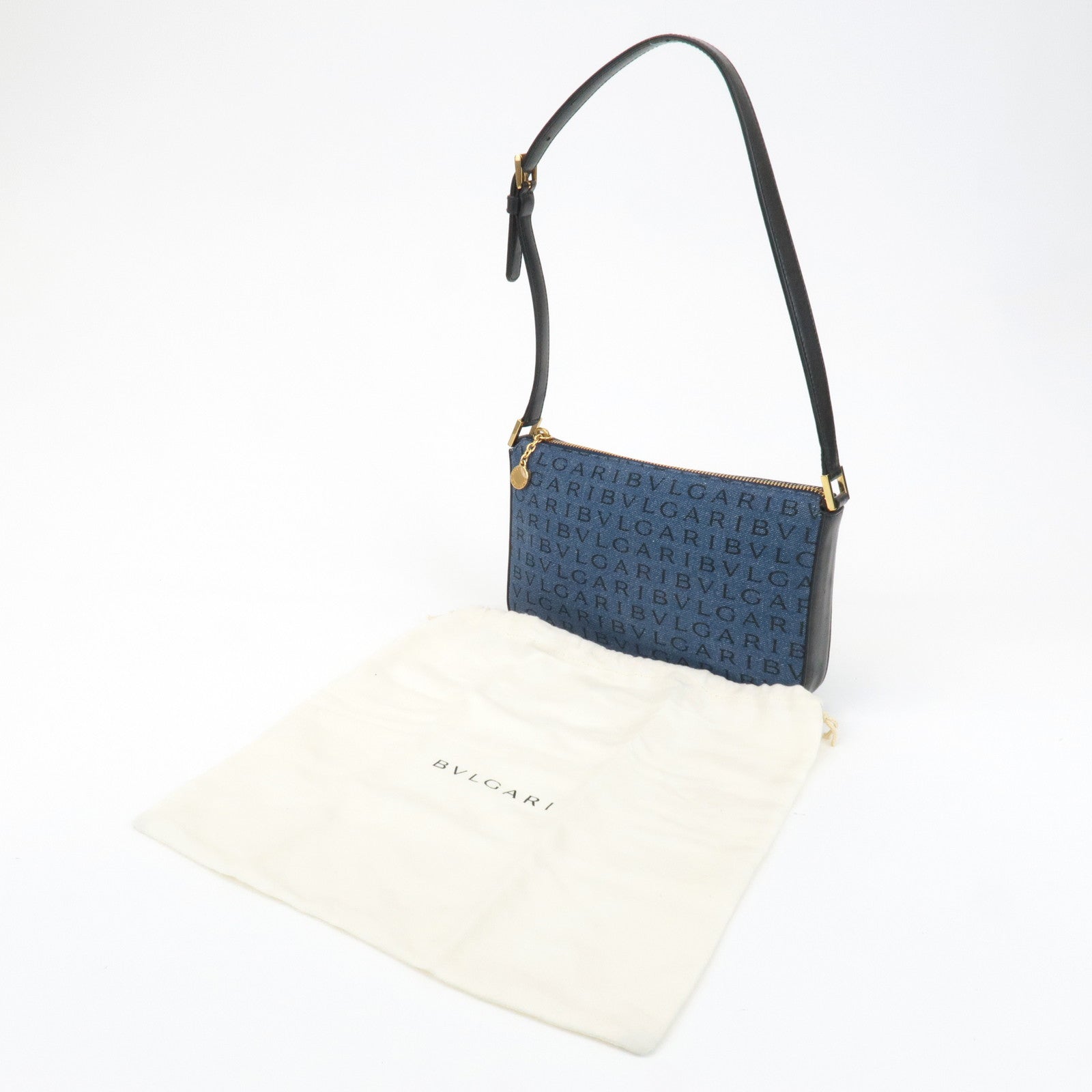 BVLGARI Logo Mania Denim Shoulder Bag Black Navy Blue Used