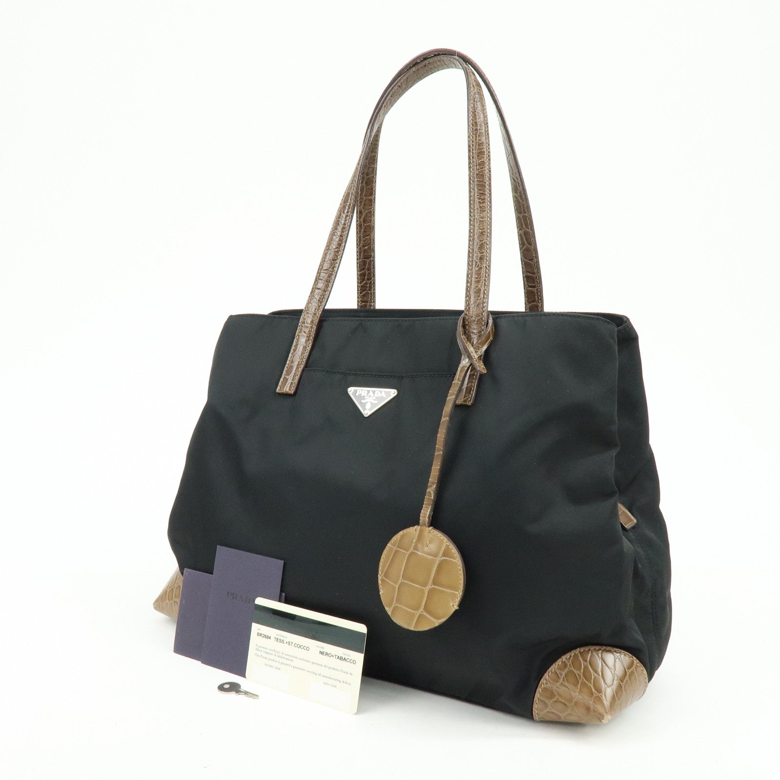 PRADA Triangle Logo Nylon Embossed Leather Tote Bag Black Brown