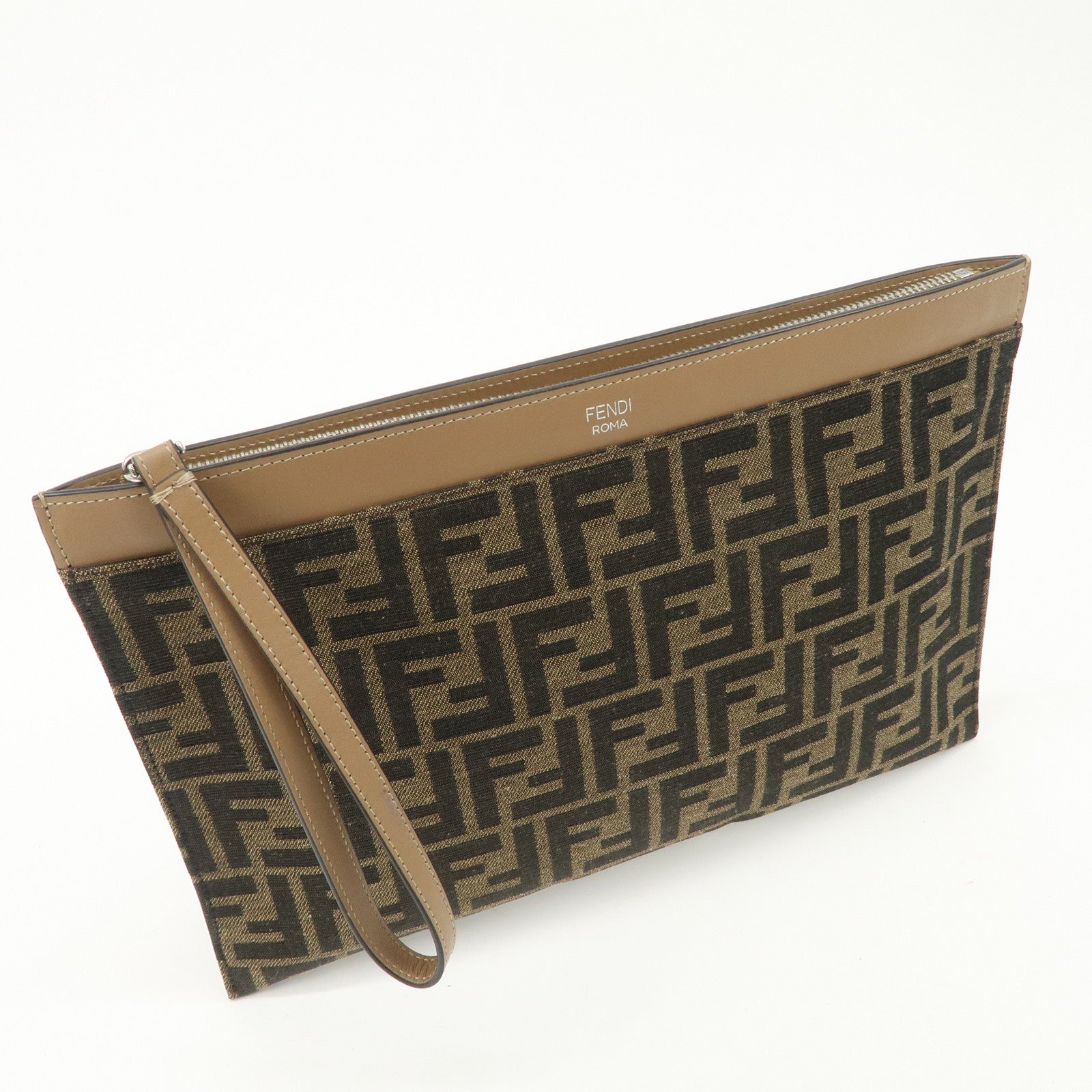 FENDI Zucca Leather Canvas Slim Clutch Bag Medium Brown 7N0134