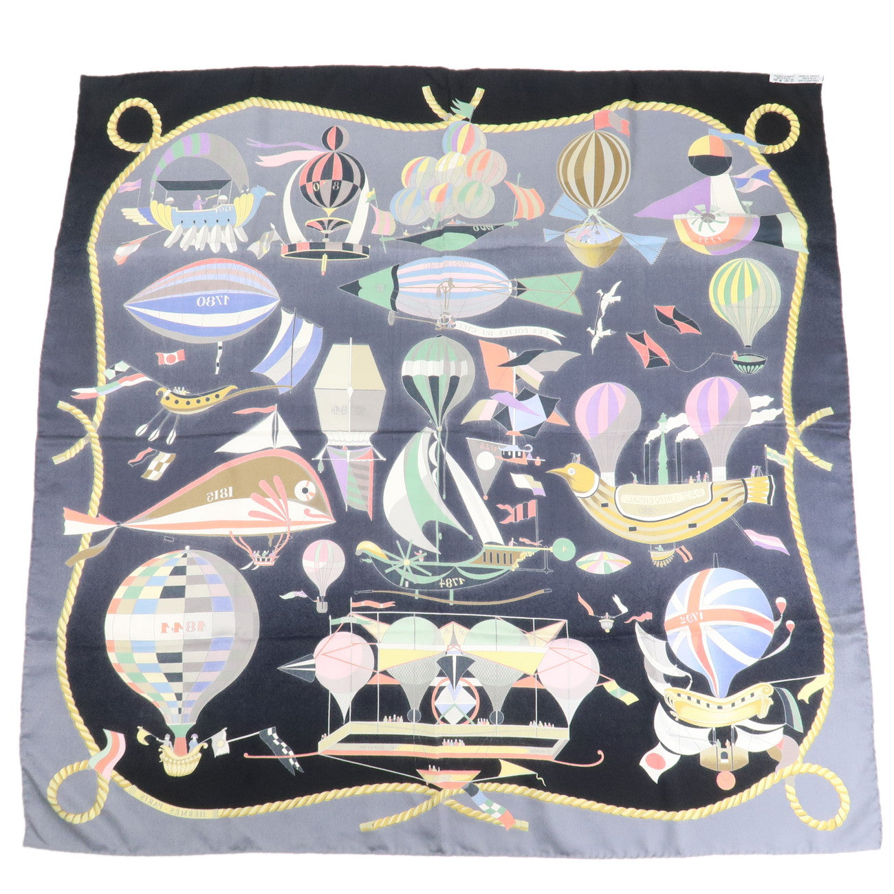 HERMES Carre 90 Silk 100% Scarf LES FOLIES DU CIEL Black Multicolor Used