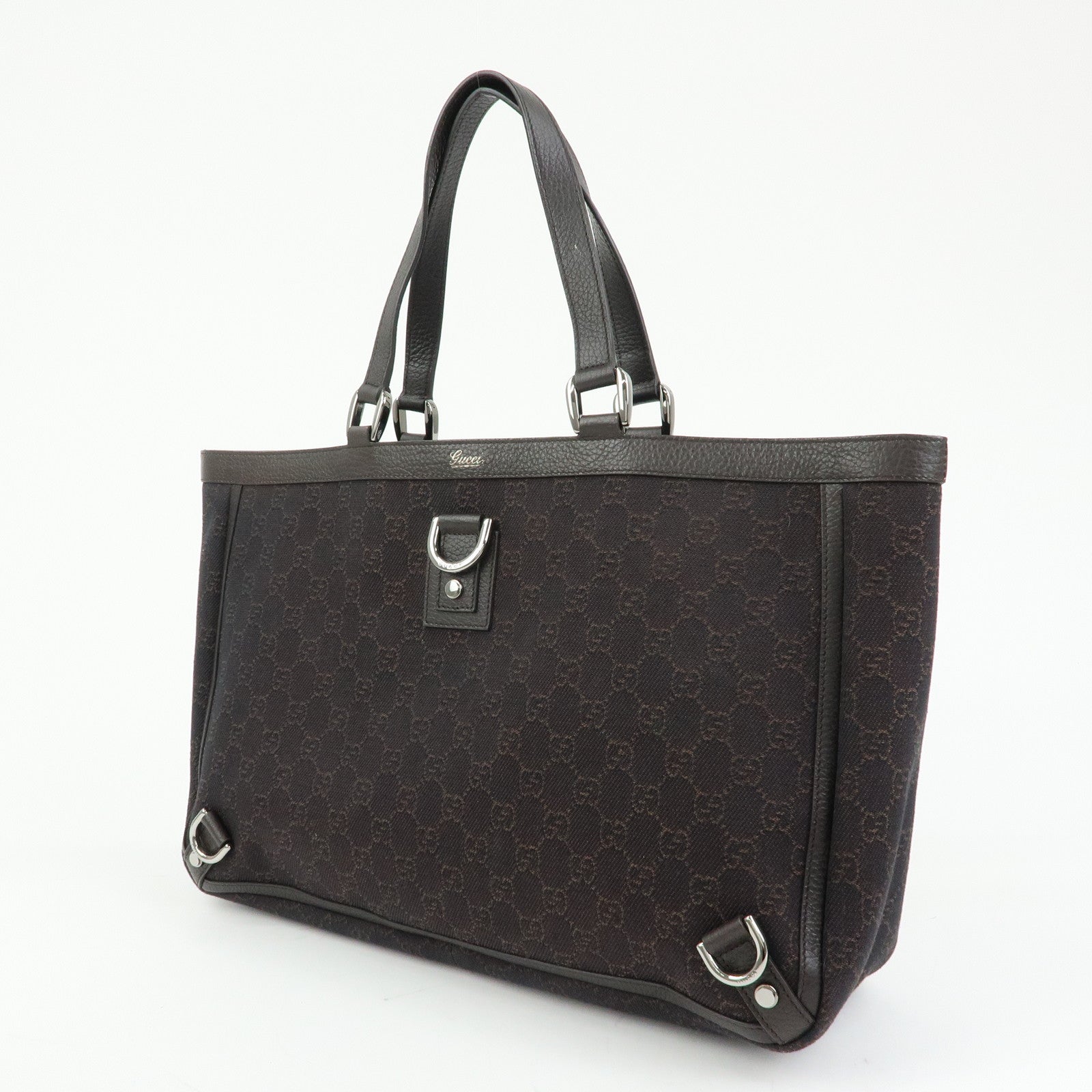 GUCCI Abbey GG Denim Leather Tote Bag Hand Bag Dark Brown 293580