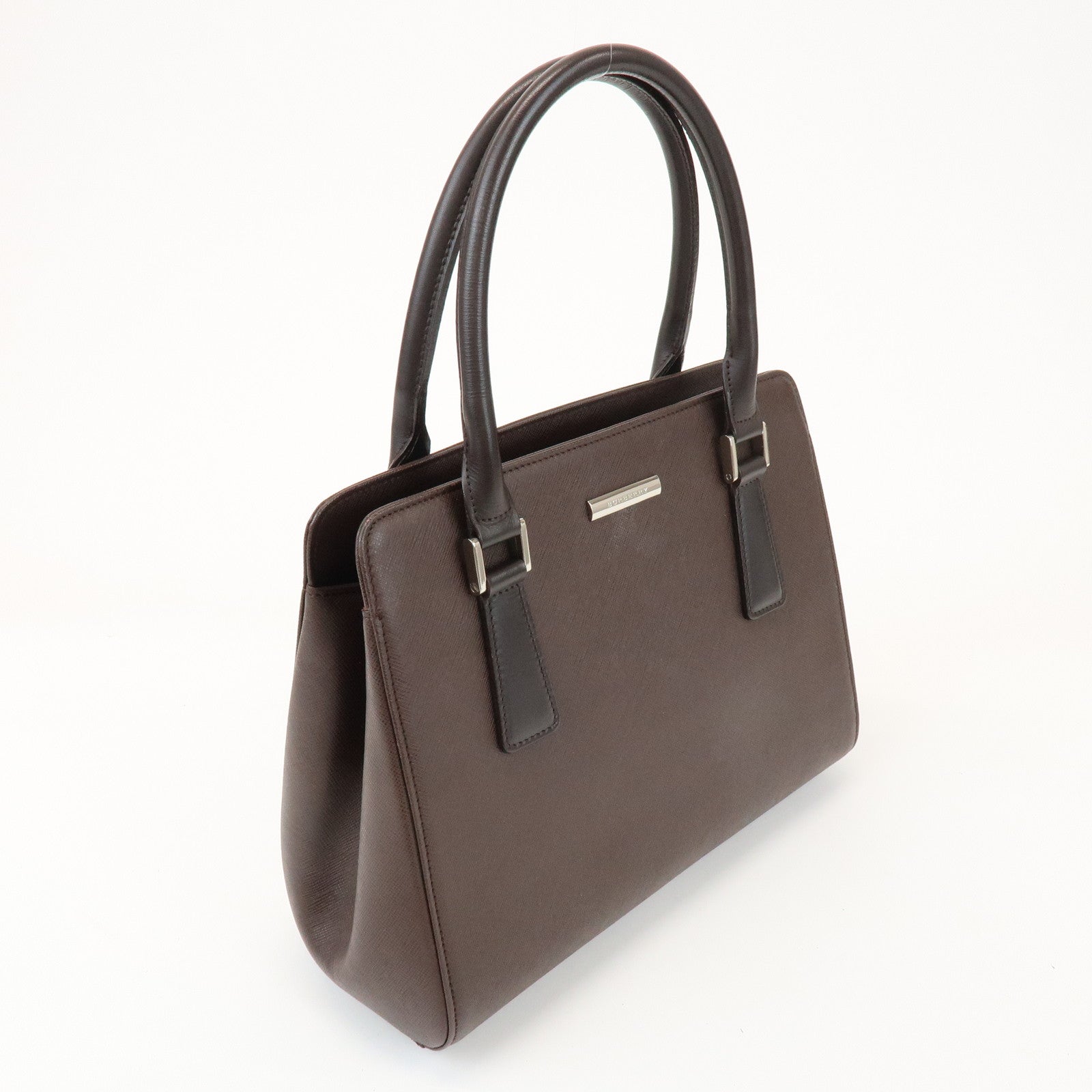 BURBERRY Logo Leather Hand Bag Tote Bag Brown