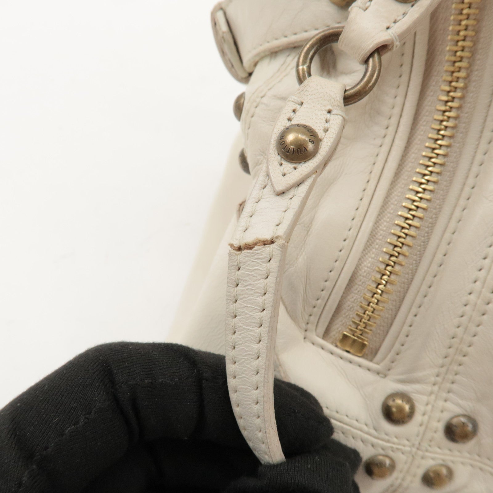 Louis Vuitton Cruise Line Leather Rivet Hand Bag Ecru M95345 Used