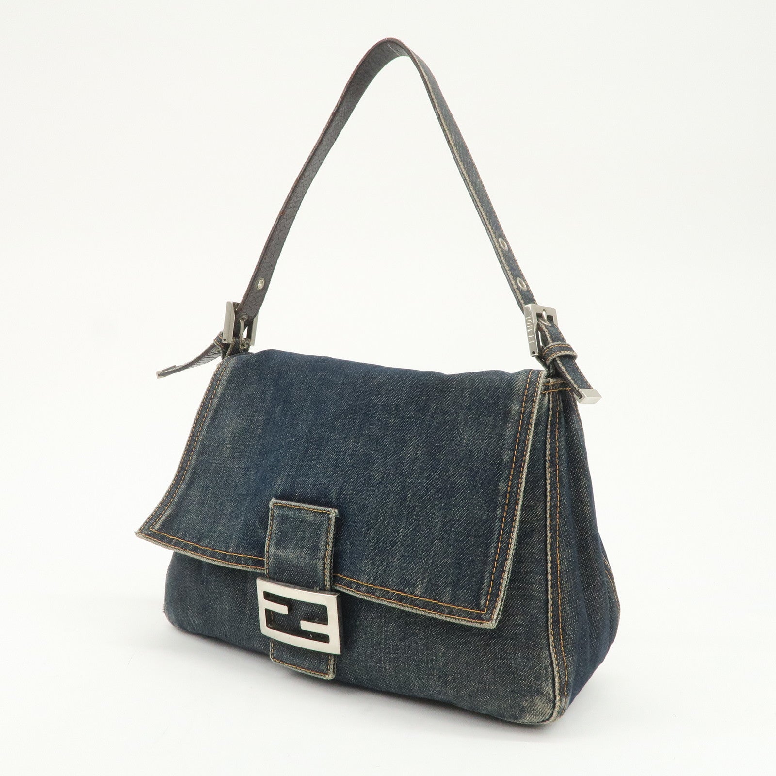 FENDI Mamma Baguette Denim Leather Shoulder Bag Hand Bag 26325