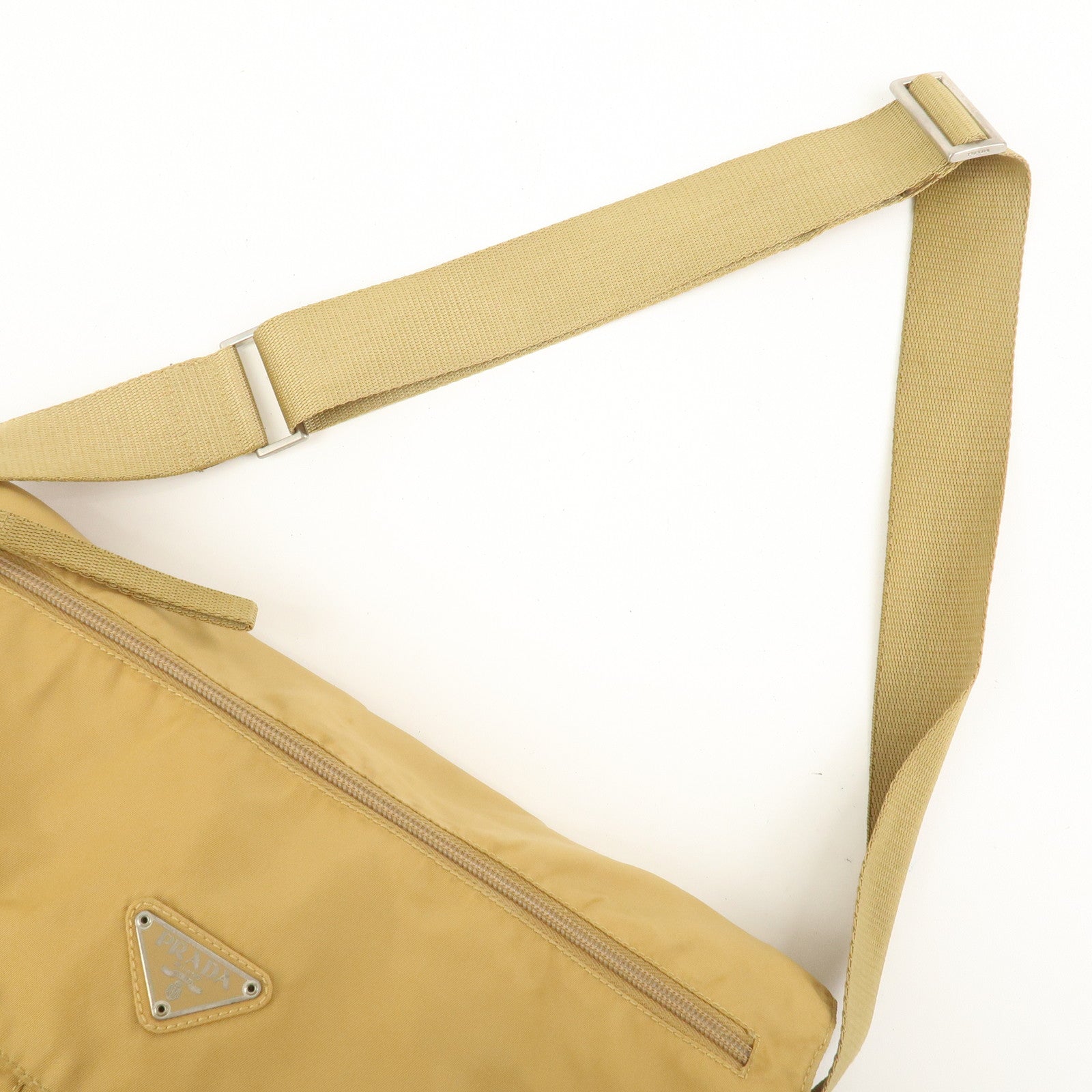 PRADA Triangle Logo Nylon Leather Shoulder Bag Crossbody Bag Beige