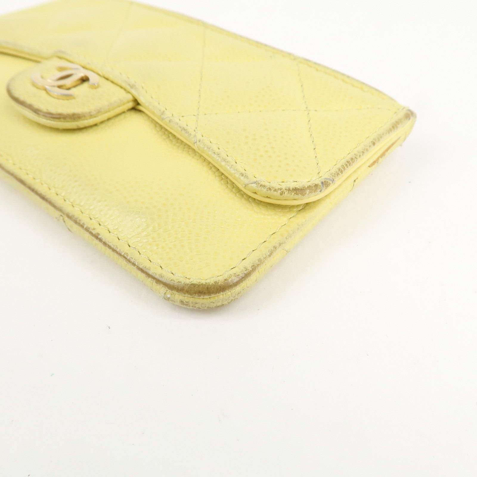 CHANEL Matelasse Caviar Skin Coco Mark Zippy Coin Case Yellow Gold HDW Used