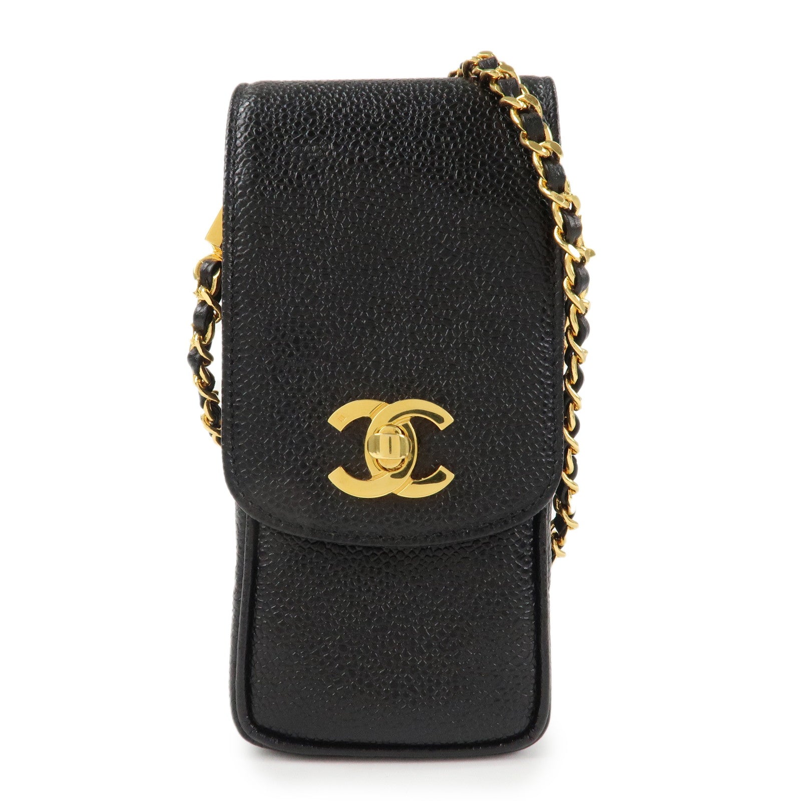 CHANEL COCO Mark Leather Chain Phone Shoulder Black Gold HDW3513453 Used