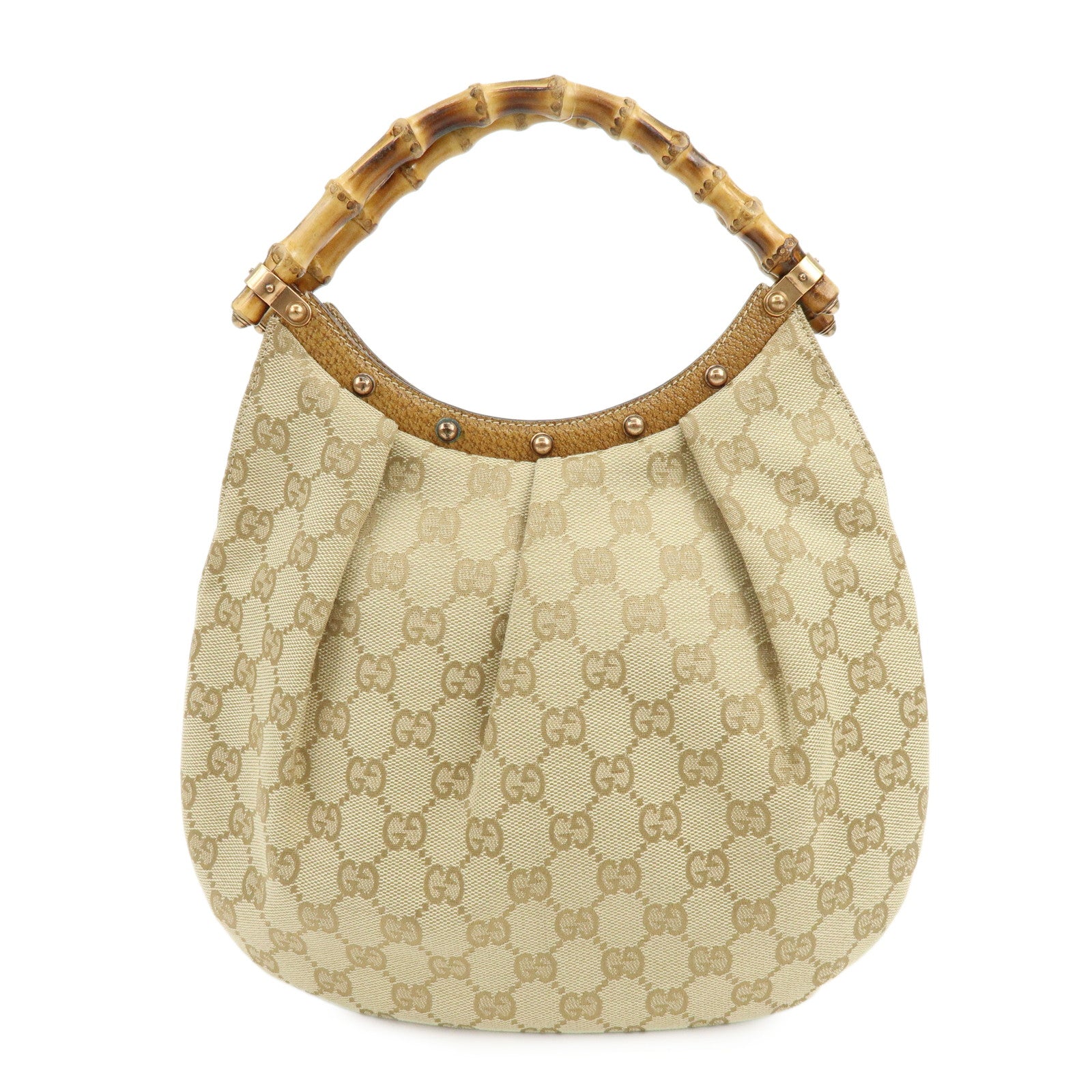 GUCCI GG Canvas Bamboo Leather Hand Bag Tote Bag Beige 124297